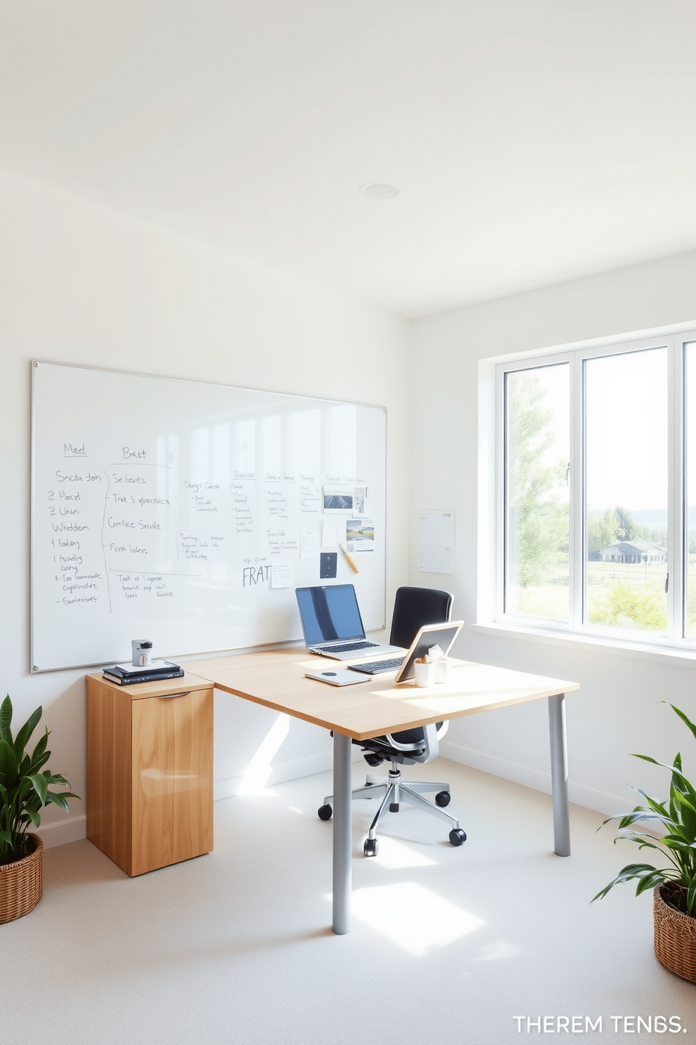 A whiteboard wall stretches across one side of the home office, providing ample space for brainstorming and jotting down ideas. The surrounding walls are painted in a soft white, creating a bright and airy atmosphere that fosters creativity. The office features a sleek, modern desk made of light wood, paired with a comfortable ergonomic chair. Large windows allow natural light to flood the room, enhancing productivity and offering a view of the serene outdoor landscape.