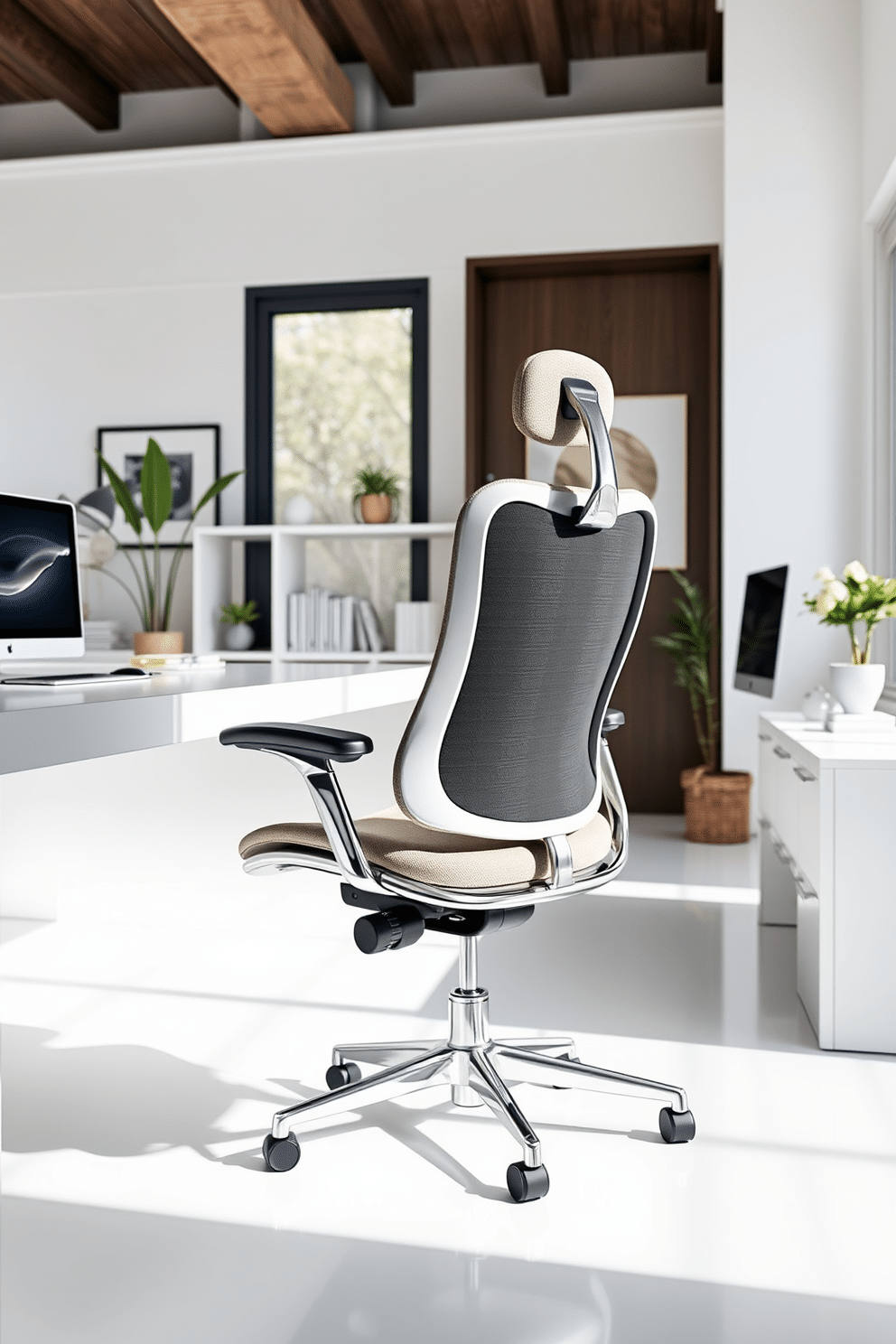 A stylish ergonomic chair designed for maximum comfort and support, featuring adjustable lumbar support and armrests. The chair is upholstered in a soft, breathable fabric and sits atop a sleek, polished metal base. The home office is designed with a clean, white aesthetic, incorporating minimalist furniture and ample natural light. A large desk with a smooth white finish is paired with the ergonomic chair, and decorative elements include a few green plants and modern art on the walls.