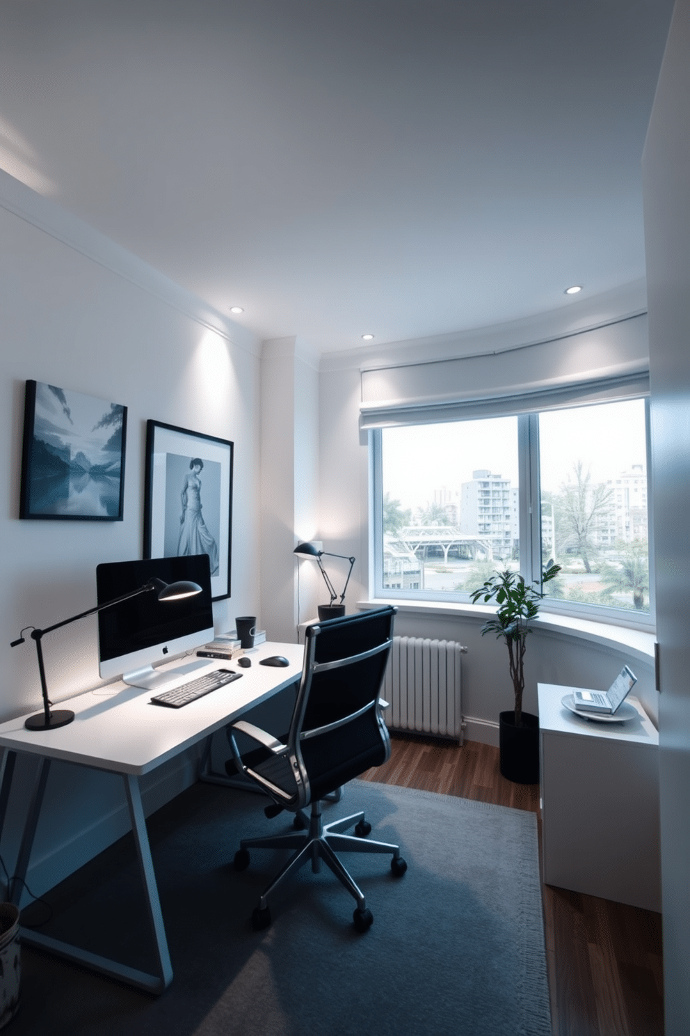 A stylish home office featuring layered lighting that creates a functional ambiance. The space includes a sleek white desk with a minimalist design, complemented by an ergonomic chair and a modern desk lamp providing focused light. Soft overhead lighting illuminates the room, while accent lights highlight artwork on the walls. A large window allows natural light to flow in, enhancing the bright white walls and creating an inviting atmosphere for productivity.