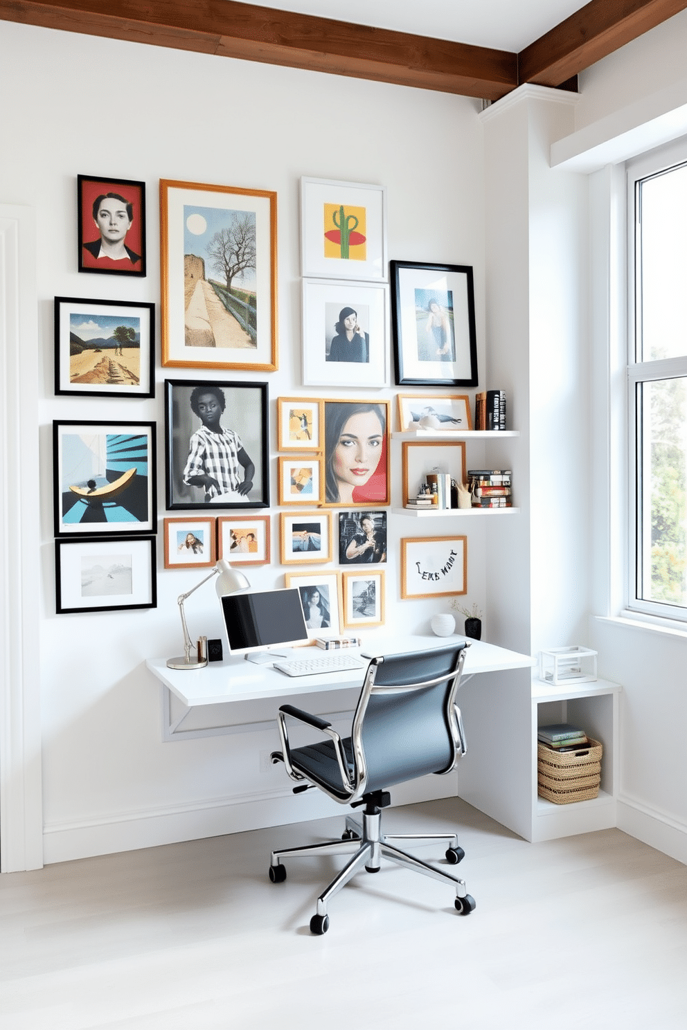 A gallery wall adorned with an eclectic mix of framed art pieces in various sizes and styles, creating a vibrant focal point in the room. The wall features a blend of abstract paintings, vintage photographs, and modern prints, all arranged in a harmonious layout. A stylish white home office designed for productivity and comfort, featuring a sleek white desk paired with an ergonomic chair. The space is accented with floating shelves displaying books and decorative items, and a large window allows natural light to fill the room, enhancing the clean, minimalist aesthetic.