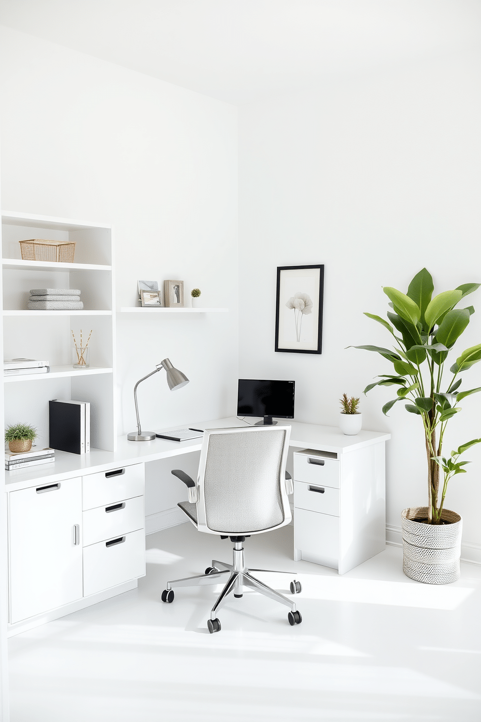 An L-shaped desk is positioned in the corner of a bright and airy home office, maximizing the use of space while providing ample work surface. The desk features a sleek white finish, complemented by a comfortable ergonomic chair in a soft fabric. The walls are painted in a clean white hue, enhancing the light and spacious feel of the room. Decorative elements include minimalist shelving units and a large potted plant that adds a touch of greenery to the modern aesthetic.