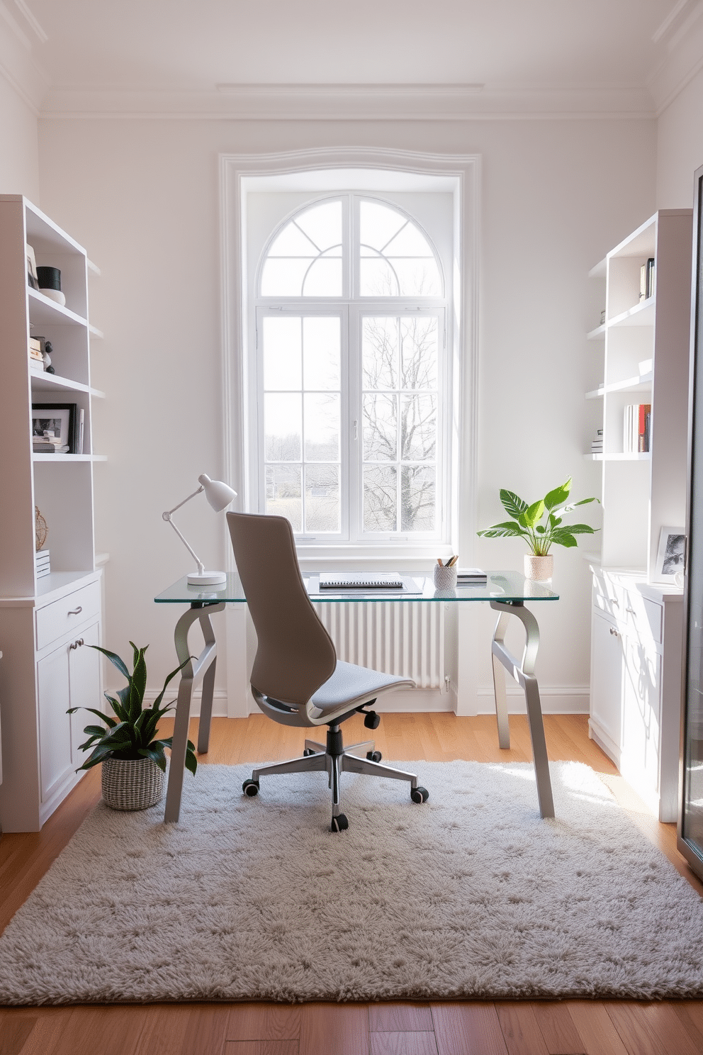 A sleek glass desk sits at the center of a bright home office, allowing natural light to flow freely throughout the space. Surrounding the desk are minimalist white shelves that display curated decor and books, enhancing the airy atmosphere. The walls are painted in a soft white hue, complemented by a plush light gray area rug underfoot. A contemporary ergonomic chair in a matching tone provides comfort, while potted greenery adds a touch of life to the clean design.