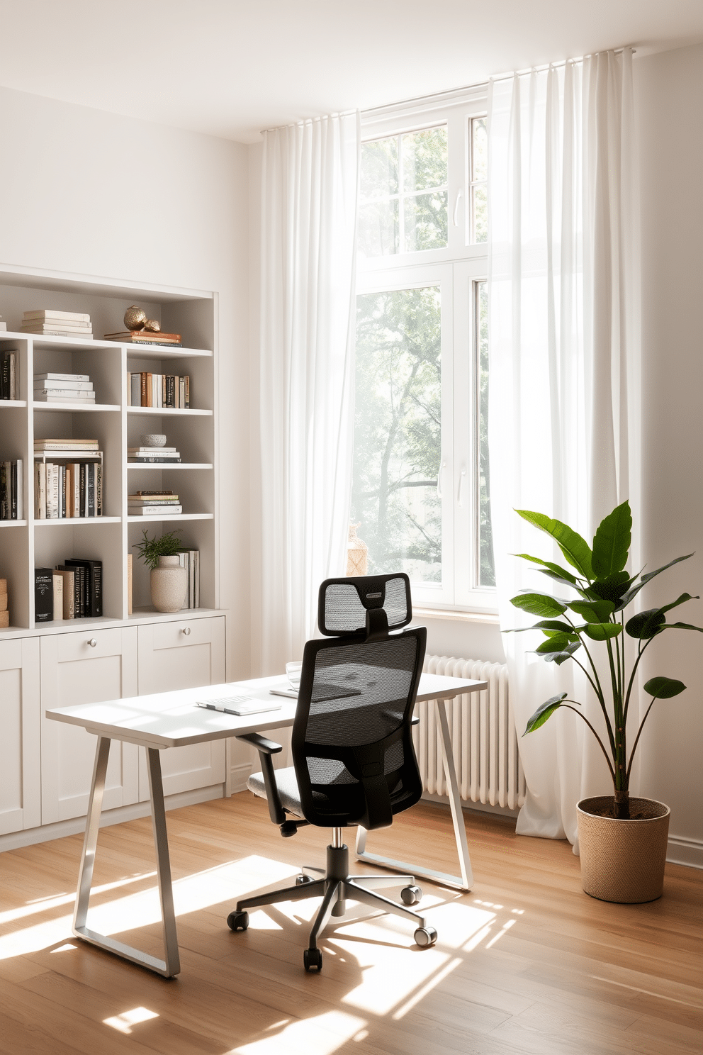 A serene home office setting bathed in natural light. Soft white curtains gently filter sunlight, creating a bright and airy atmosphere. A sleek white desk is positioned against a wall adorned with built-in shelves filled with books and decorative items. A comfortable ergonomic chair complements the minimalist aesthetic, while a lush green plant adds a touch of nature to the space.