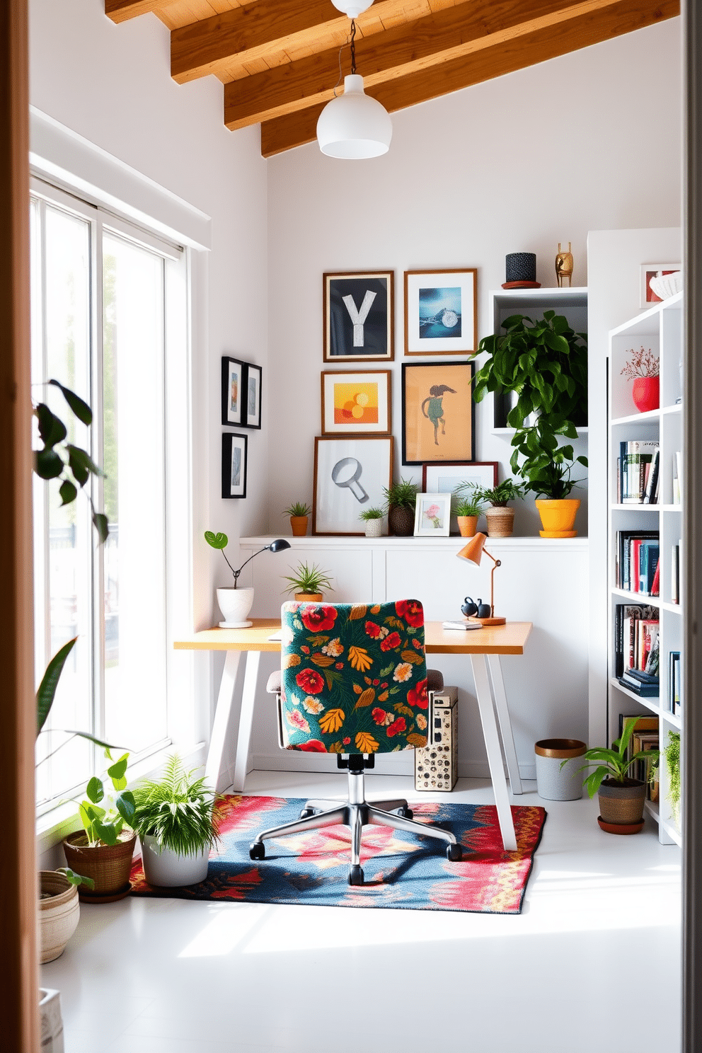 A bright and airy home office featuring white walls adorned with colorful accent decor. A sleek wooden desk sits in front of a large window, complemented by a vibrant area rug and a mix of potted plants scattered around the space. The office chair is upholstered in a bold fabric that adds a pop of color, while a gallery wall of framed art provides visual interest. Shelving units filled with books and decorative objects line one side of the room, creating a cozy and inspiring atmosphere.