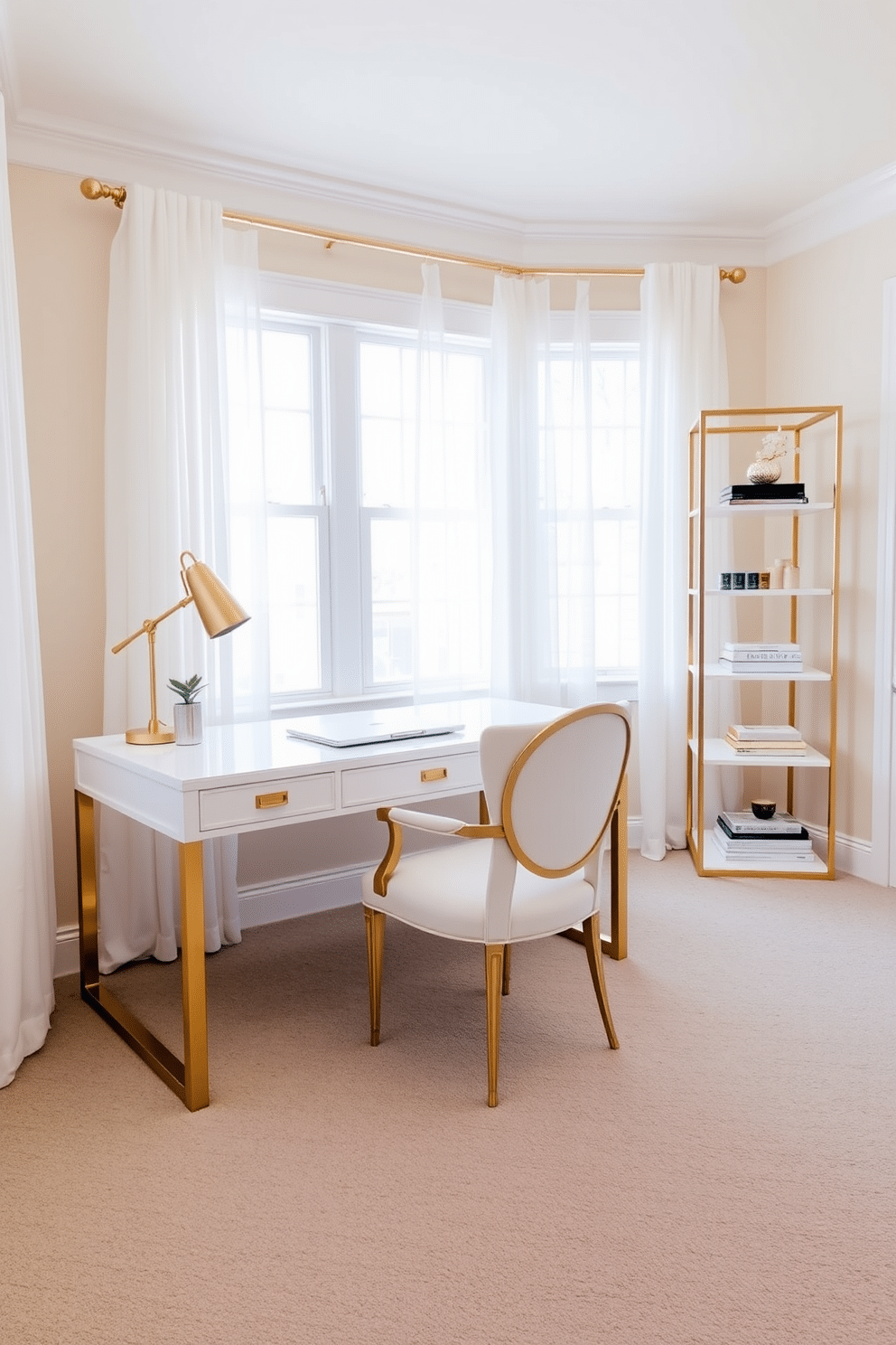 A serene home office featuring a neutral color palette with soft beige walls and a light gray carpet. A sleek white desk with gold hardware is positioned against the wall, complemented by an elegant gold-accented chair. Natural light floods the space through large windows adorned with sheer white curtains. A minimalist bookshelf in white and gold holds a selection of books and decorative items, adding a touch of sophistication to the room.