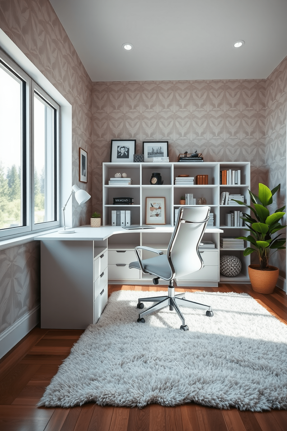 A stylish home office featuring creative wallpaper that adds texture and depth to the space. The walls are adorned with a geometric pattern in soft pastels, complementing the sleek white desk and ergonomic chair positioned in front of a large window. Natural light floods the room, highlighting a minimalist bookshelf filled with curated decor and books. A plush area rug anchors the space, while a potted plant adds a touch of greenery, enhancing the overall aesthetic.