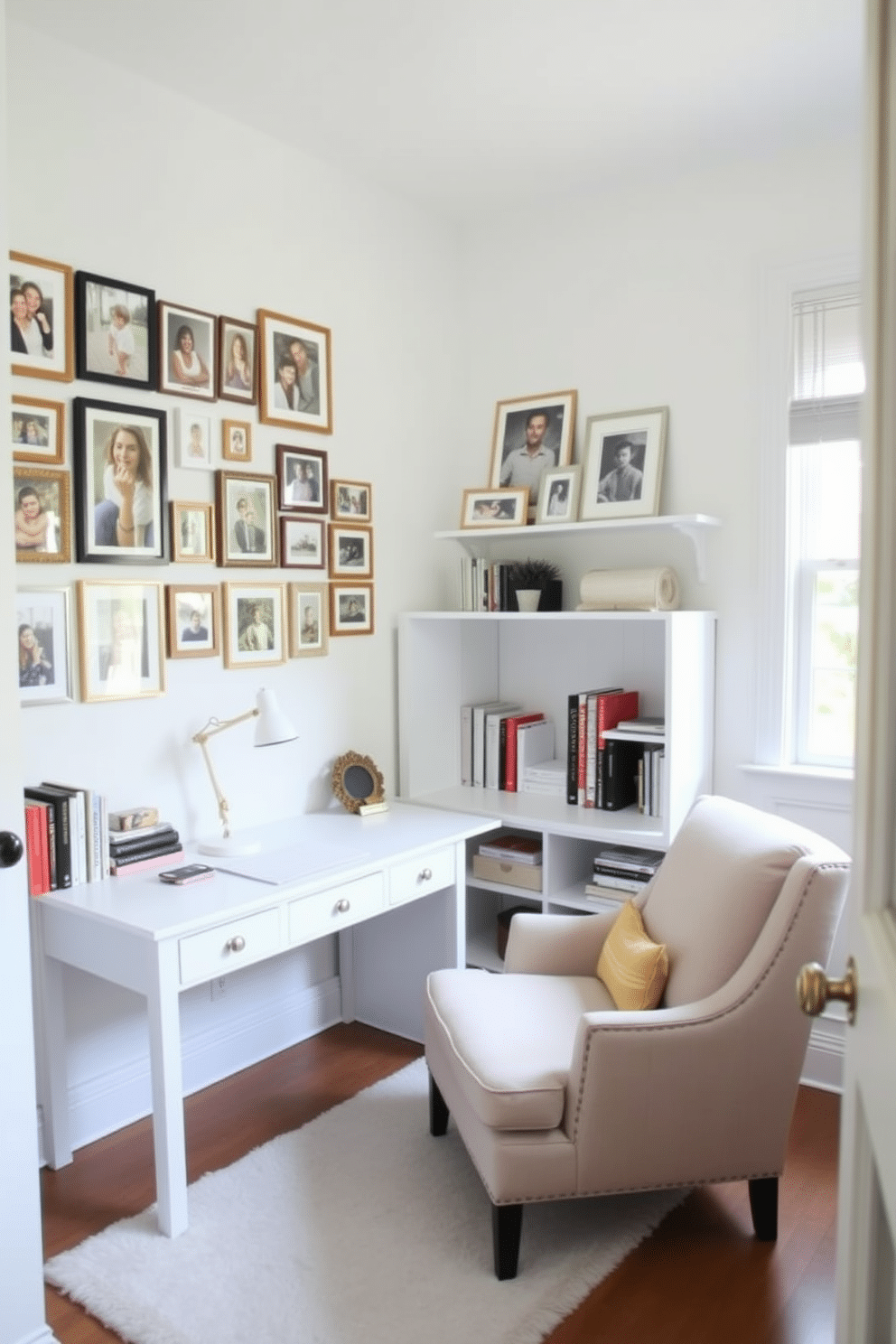 A bright and airy home office featuring a large white desk positioned against a wall adorned with framed family photos in varying sizes. The room is filled with natural light from a nearby window, and a cozy armchair in the corner invites relaxation, complemented by a soft rug underneath. The shelves are neatly organized, displaying books and personal mementos, while a stylish desk lamp provides focused lighting for work. The walls are painted in a soft white hue, creating a serene atmosphere that encourages productivity and inspiration.