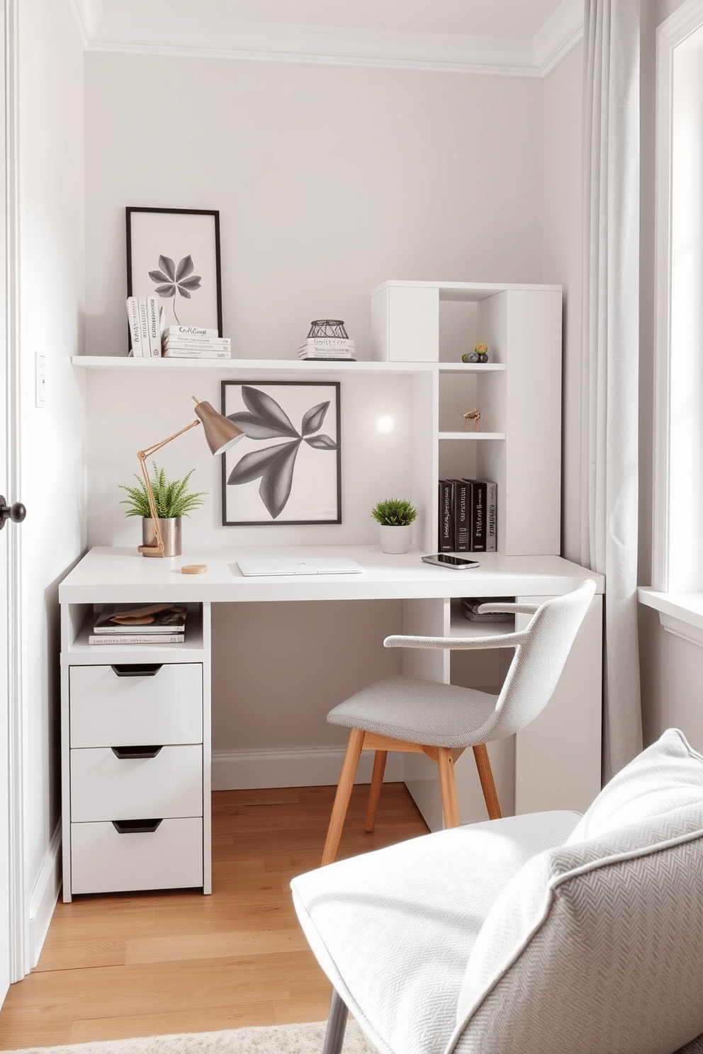 A compact desk designed for small spaces features a sleek, minimalist style with a white finish that enhances the room's brightness. It includes built-in storage solutions, such as drawers and shelves, maximizing functionality without sacrificing aesthetics. The home office is adorned with soft, neutral tones, complemented by a cozy chair that invites productivity. A small potted plant adds a touch of greenery, while a stylish desk lamp provides focused lighting for a comfortable work environment.