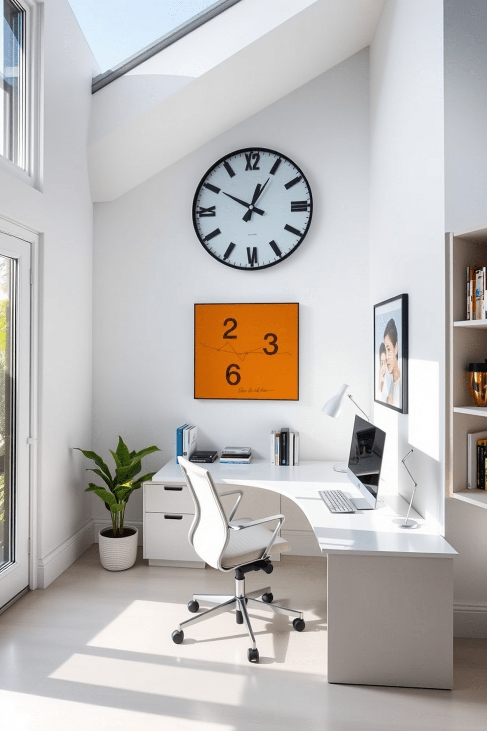 A stylish home office featuring a statement clock as the focal point. The walls are painted in a crisp white, complemented by sleek, modern furniture that includes a minimalist desk and ergonomic chair. The clock, with its bold design and contrasting colors, draws attention above the desk. Natural light floods the room through large windows, highlighting the clean lines and organized workspace.