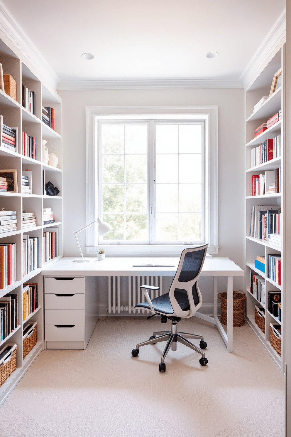 A bright and airy home office features open shelving along one wall, showcasing neatly organized books and decorative items for easy access. A sleek white desk sits in front of a large window, allowing natural light to flood the space, complemented by a stylish ergonomic chair.