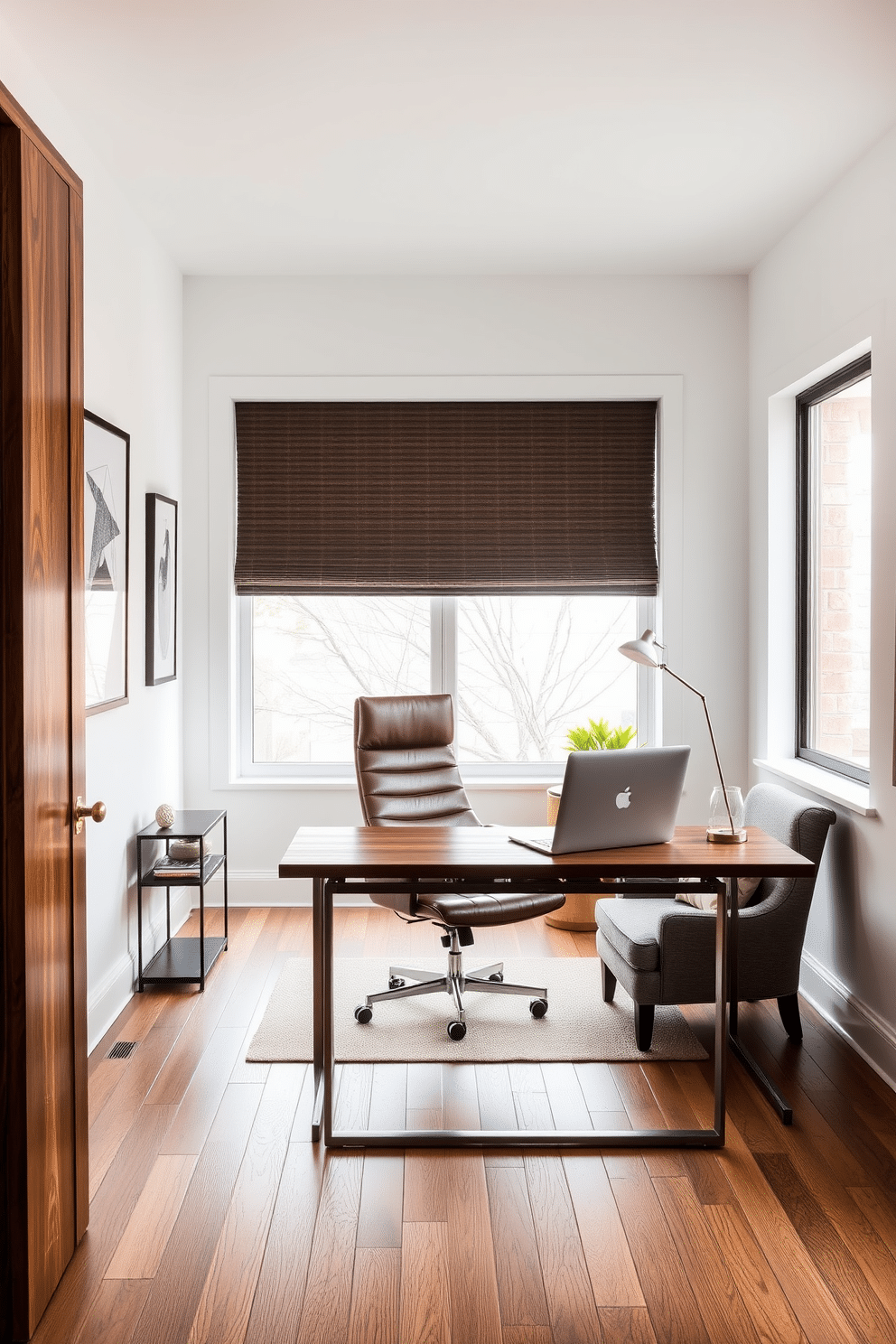 A stylish home office featuring a blend of metal and wood textures. The desk is a sleek metal frame topped with a rich wooden surface, complemented by a high-backed leather chair. The walls are painted in a crisp white, adorned with minimalist art pieces that add a touch of sophistication. A large window allows natural light to flood the space, illuminating a cozy reading nook with a plush armchair and a small wooden side table.