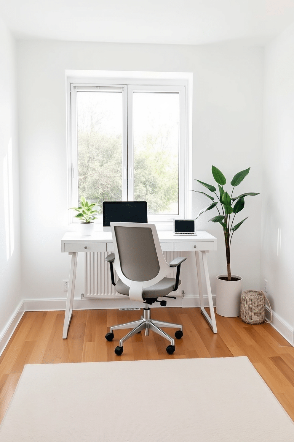 A bright and airy home office features a sleek white desk positioned by a large window, allowing natural light to flood the space. On the desk, a vibrant desk plant sits in a modern ceramic pot, enhancing the room's aesthetic while promoting improved air quality. The walls are painted in a soft white, creating a clean backdrop for minimalist decor. A comfortable ergonomic chair complements the desk, and a subtle rug in neutral tones adds warmth to the polished wooden floor.