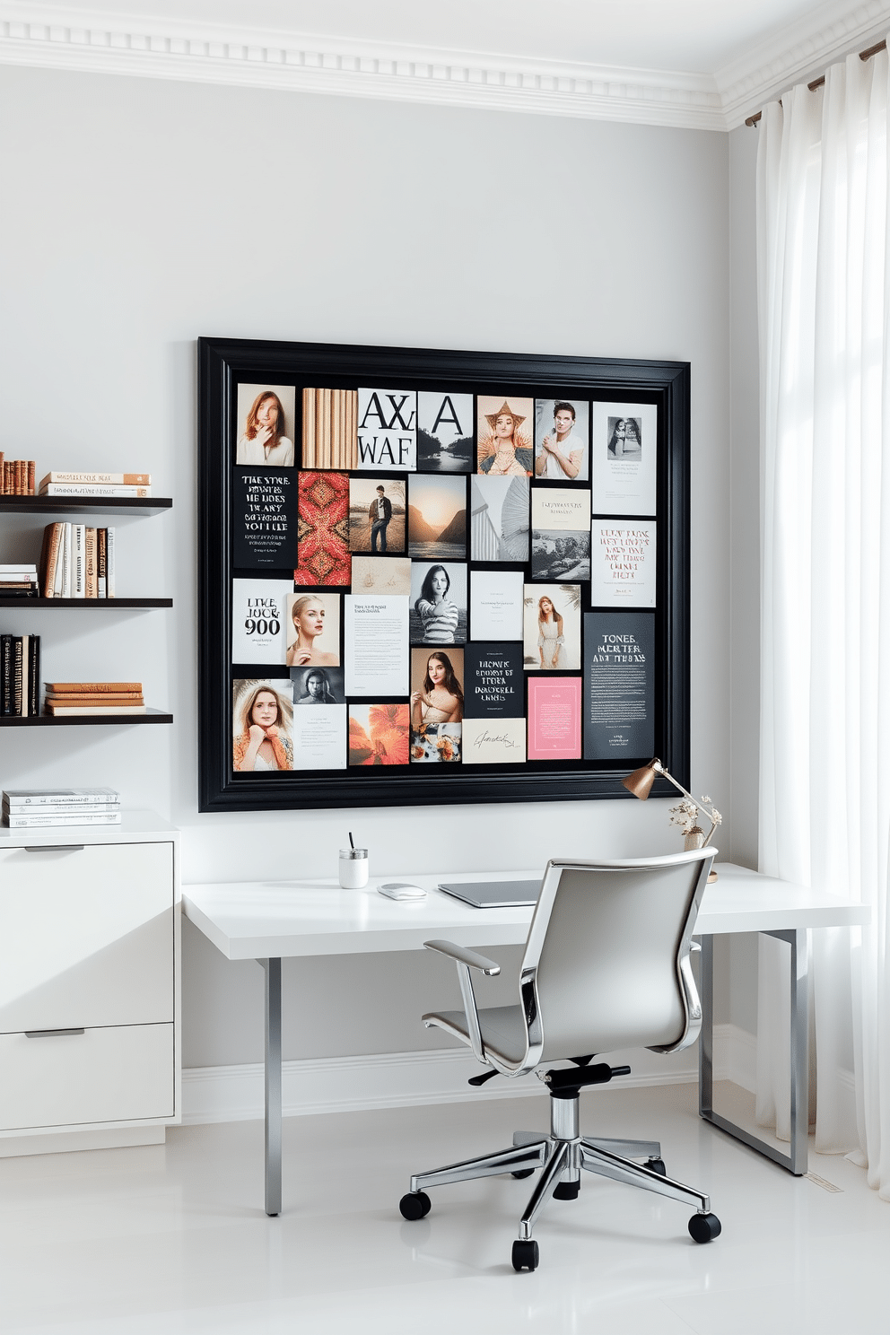 A chic bulletin board filled with an eclectic mix of inspirational images, fabric swatches, and motivational quotes. The board is framed in sleek black wood, mounted on a light gray wall, and surrounded by stylish shelving displaying curated books and decorative items. A bright and airy white home office featuring a large, modern desk with clean lines and a comfortable ergonomic chair. The walls are painted in a crisp white, complemented by soft natural light streaming in through a large window adorned with sheer curtains.