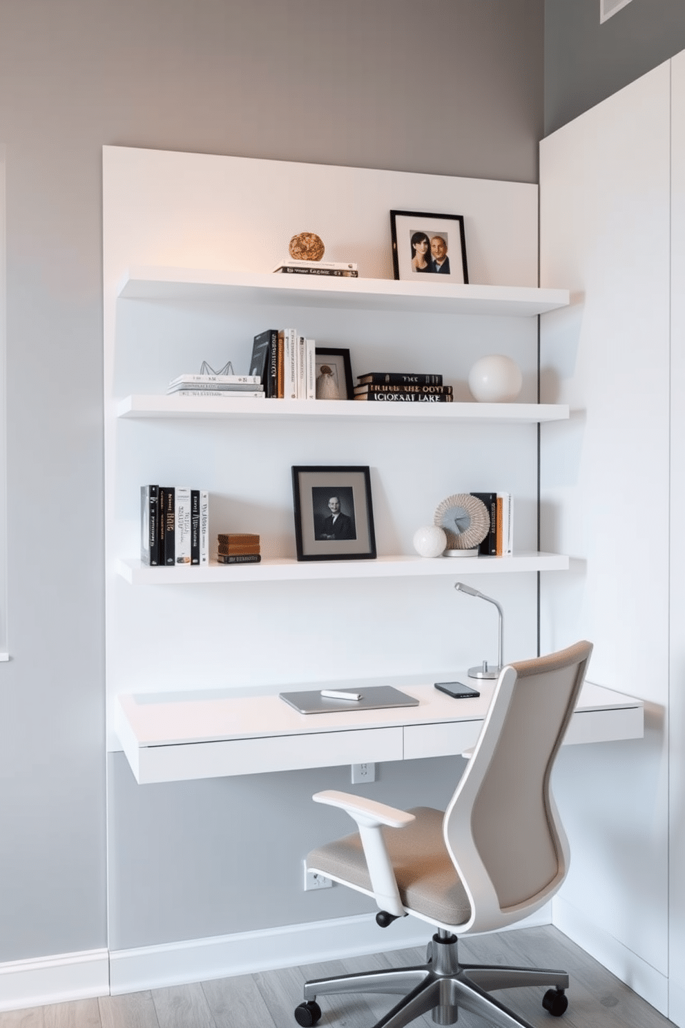 A sleek white home office features floating shelves mounted on the wall, providing modern storage options for books and decor. A minimalist desk with a clean design sits beneath the shelves, complemented by a comfortable ergonomic chair in a soft fabric.