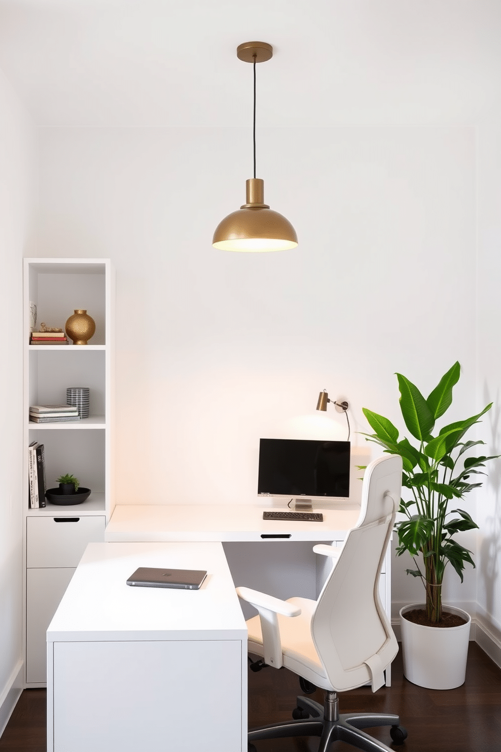 A stylish home office featuring elegant task lighting that enhances focus and productivity. The space includes a sleek white desk paired with a modern ergonomic chair, illuminated by a contemporary pendant light hanging overhead. The walls are painted in a crisp white, creating a bright and airy atmosphere. A minimalist bookshelf lines one side, showcasing decorative items and books, while a lush green plant adds a touch of nature to the setting.