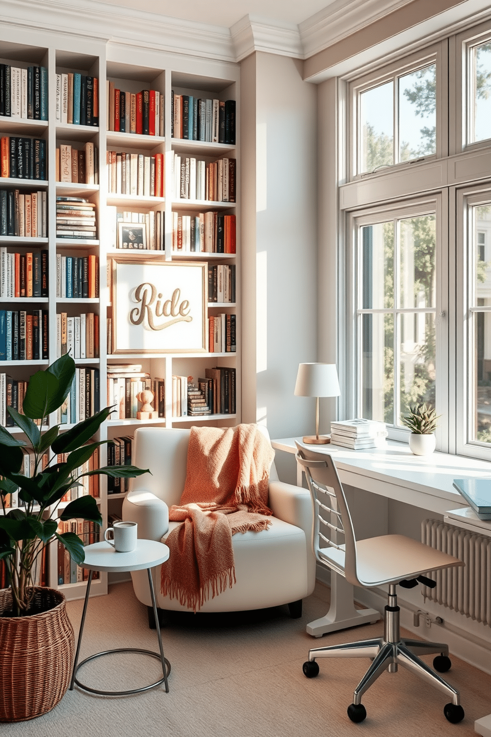 A cozy nook features a plush white chair nestled in a sunlit corner, surrounded by floor-to-ceiling bookshelves filled with colorful novels and decorative items. A soft throw blanket drapes over the armrest, and a small side table holds a steaming cup of coffee and a potted plant, creating an inviting atmosphere for reading or relaxation. The white home office design showcases a sleek, minimalist desk paired with an ergonomic chair. Large windows allow natural light to flood the space, while a neutral color palette and subtle accents of greenery create a calm and productive environment.