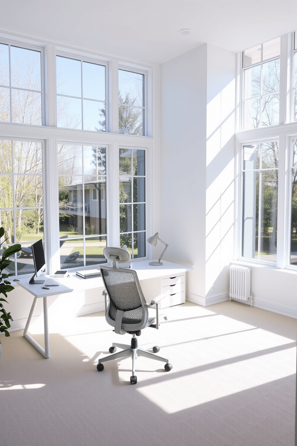 A bright and airy home office featuring large windows that flood the space with natural light. The walls are painted a crisp white, complemented by a sleek white desk and a comfortable ergonomic chair, creating a clean and inviting workspace.