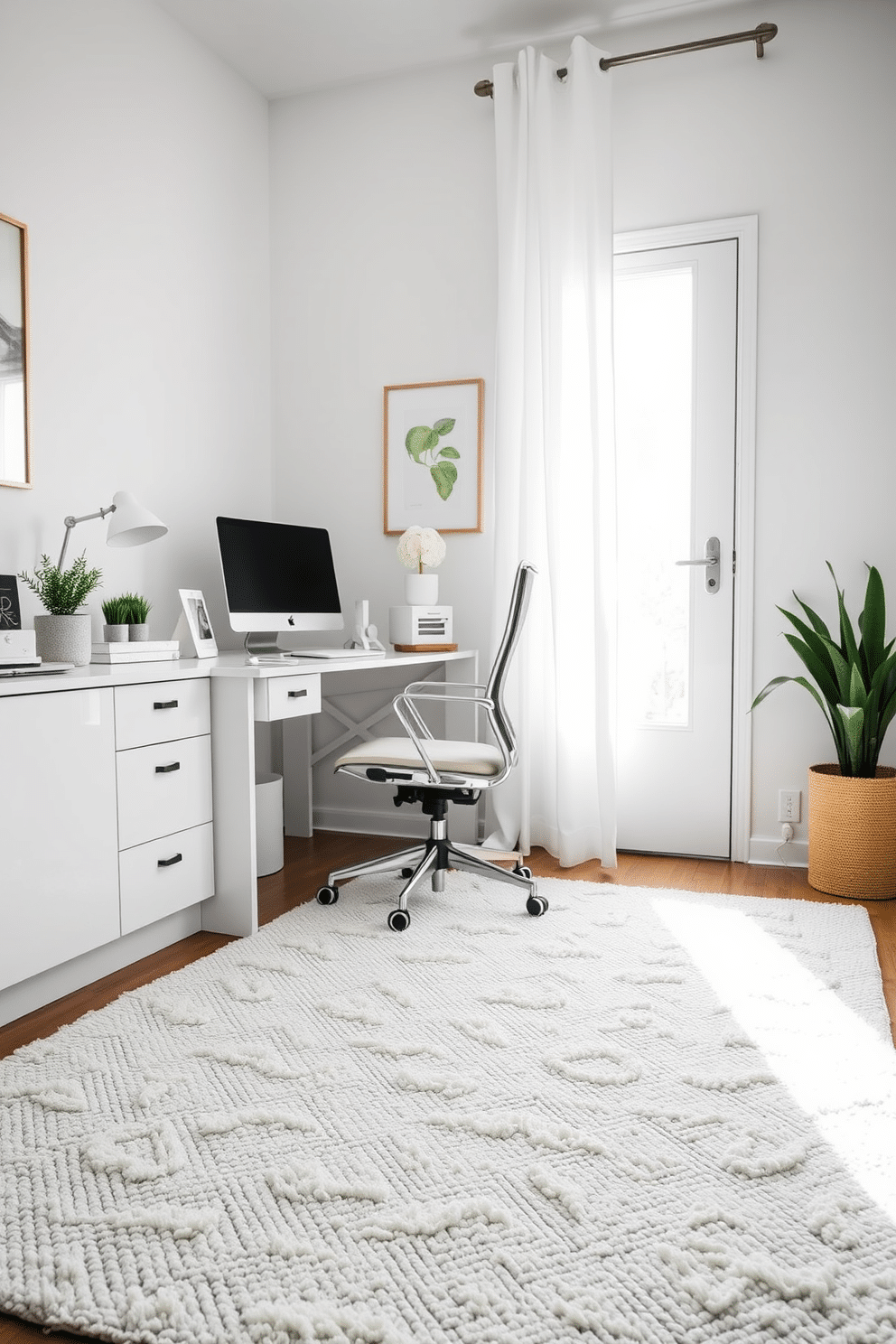 A cozy white home office features a textured white rug that adds warmth and comfort underfoot. The space is accented with sleek white furniture, including a modern desk and ergonomic chair, creating an inviting and productive atmosphere.