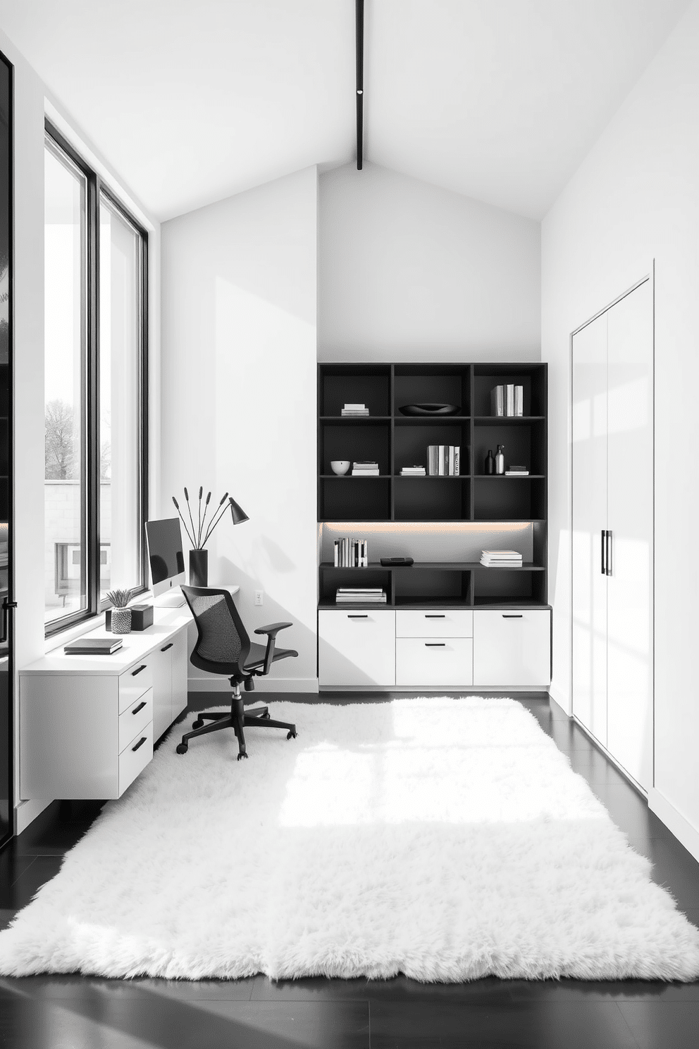 A sleek home office featuring a monochromatic palette dominated by shades of white, creating a bright and airy atmosphere. The space is accented with black elements, including a modern desk and a stylish office chair, which add depth and contrast to the overall design. Large windows allow natural light to flood the room, illuminating the minimalist decor that includes a few carefully chosen decorative items. A plush white rug underfoot enhances the comfort of the space, while black shelving units provide functional storage and display areas.