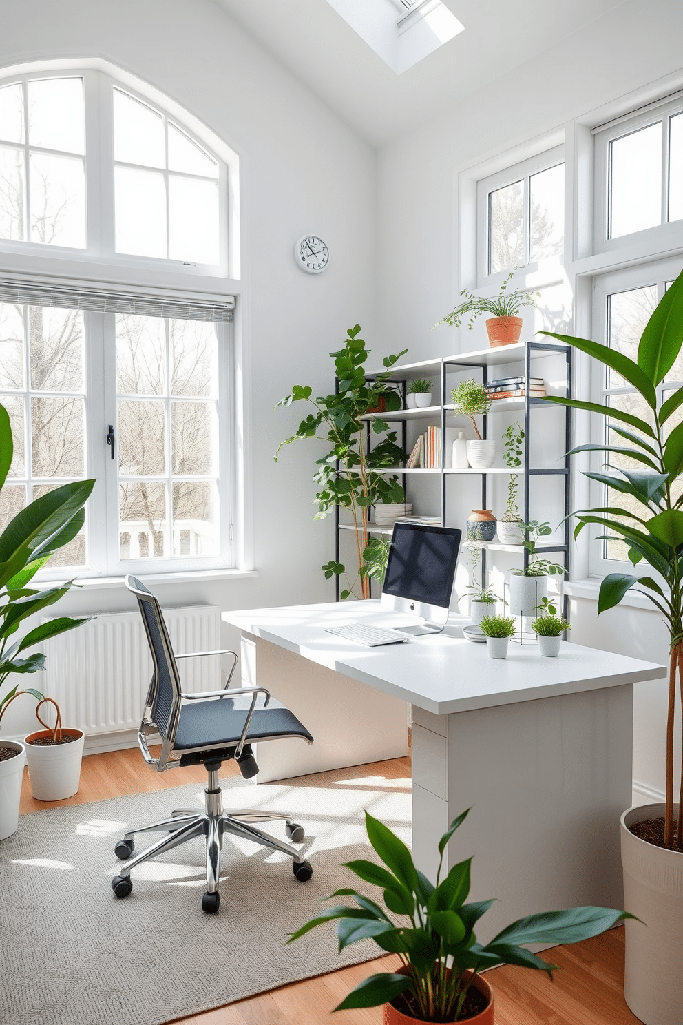 A bright and airy home office features a sleek white desk with a minimalist design, complemented by an ergonomic chair. Large windows allow natural light to flood the space, while potted plants in the corners add a refreshing touch of greenery. The walls are painted in a soft white hue, creating a serene backdrop for the room. A stylish bookshelf filled with greenery and decorative items enhances the overall aesthetic, making the workspace both inviting and functional.