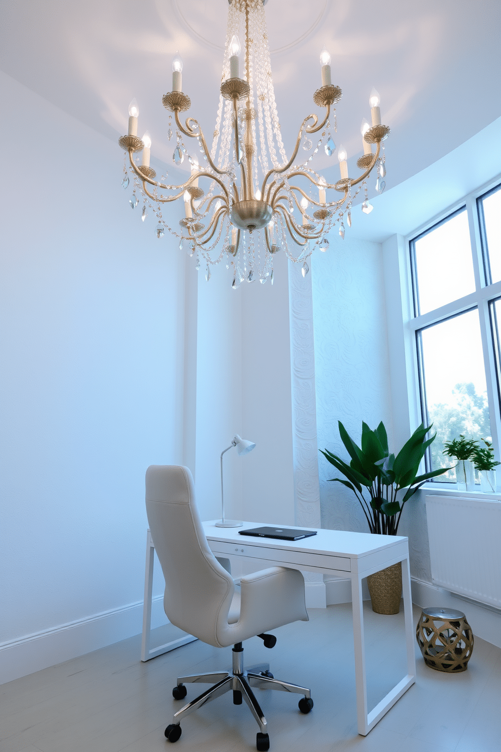 A stunning chandelier hangs gracefully from the ceiling, featuring intricate crystal accents that catch the light beautifully. Below, a sleek white desk with minimalist lines is paired with a plush ergonomic chair, creating a perfect blend of style and comfort. The walls are adorned with subtle textures, painted in a soft white hue that enhances the airy feel of the space. A large window allows natural light to flood in, illuminating the room and highlighting decorative elements like potted plants and elegant shelving.