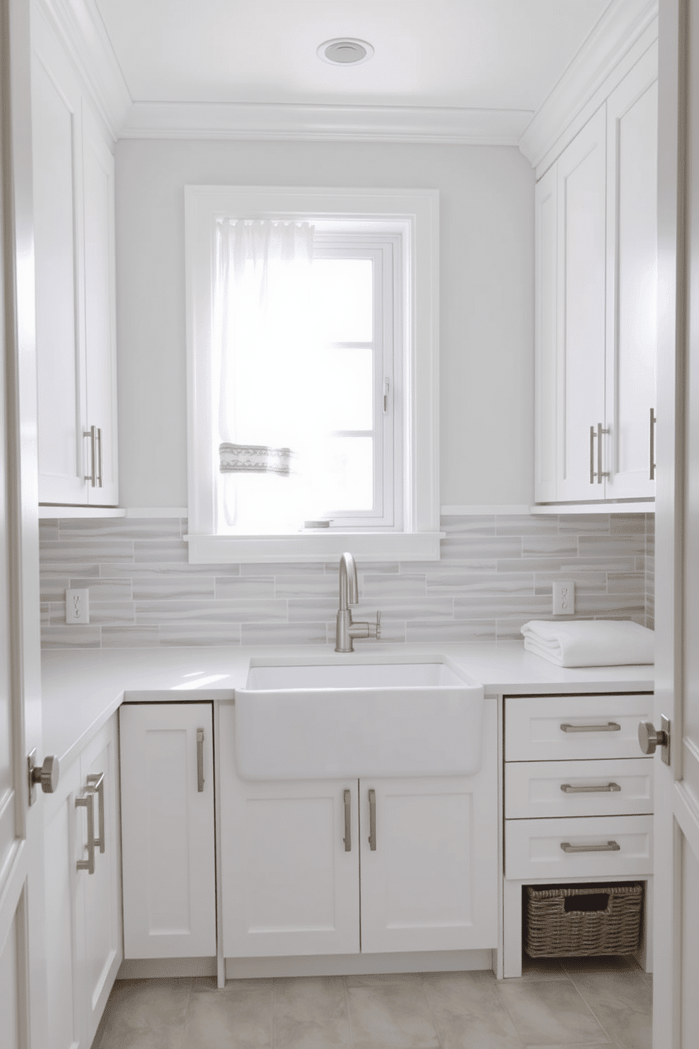 Bright white cabinetry with sleek hardware creates a clean and modern aesthetic in the laundry room. The space features a large farmhouse sink, complemented by a stylish backsplash in soft gray tones. Natural light floods the room through a window adorned with sheer curtains, enhancing the bright atmosphere. A practical folding area is integrated into the cabinetry, with stylish baskets for organization underneath.