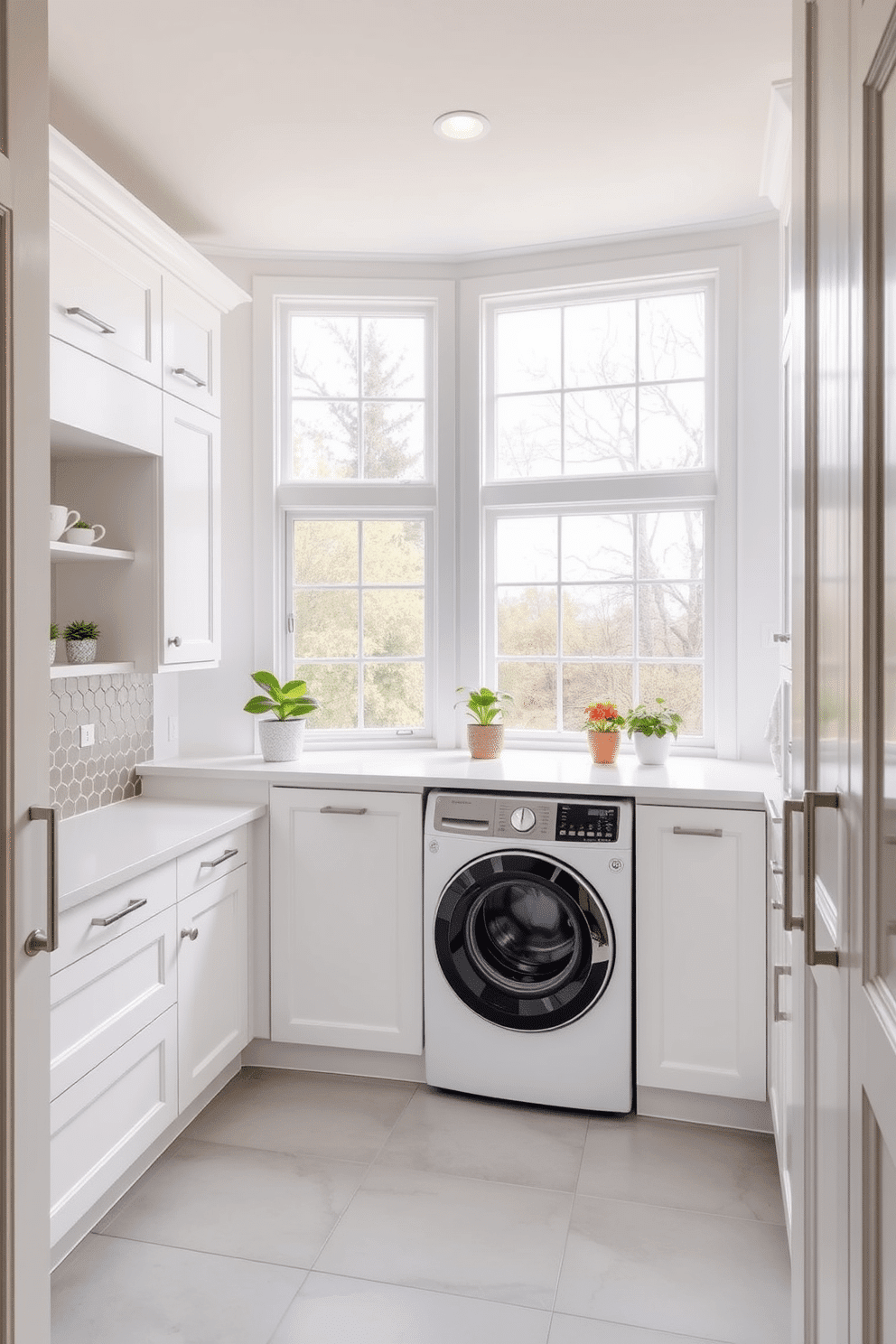 A bright and airy laundry room featuring large windows that flood the space with natural light. The room is designed with white cabinetry, a spacious countertop for folding clothes, and a sleek washer and dryer set seamlessly integrated into the cabinetry. A stylish backsplash adds a pop of color, while potted plants on the windowsill bring a touch of nature indoors. The floor is adorned with light gray tiles, creating a clean and modern aesthetic throughout the space.