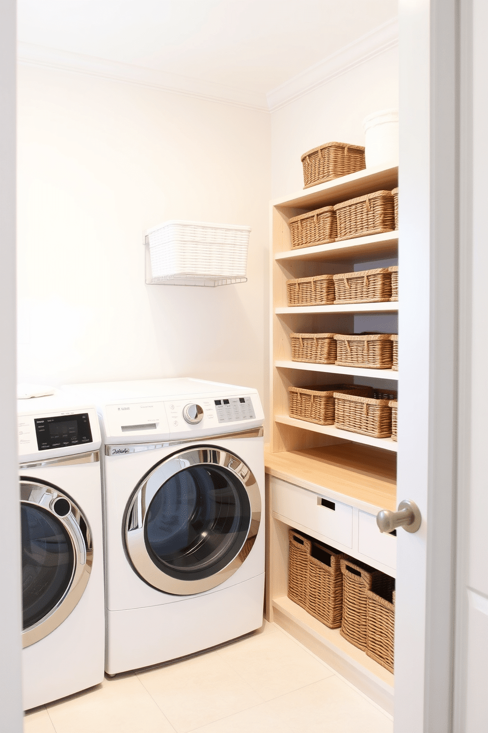 A bright and airy laundry room features wall-mounted baskets neatly arranged for organized storage. The walls are painted a soft white, complemented by light wood shelving that adds warmth and functionality.