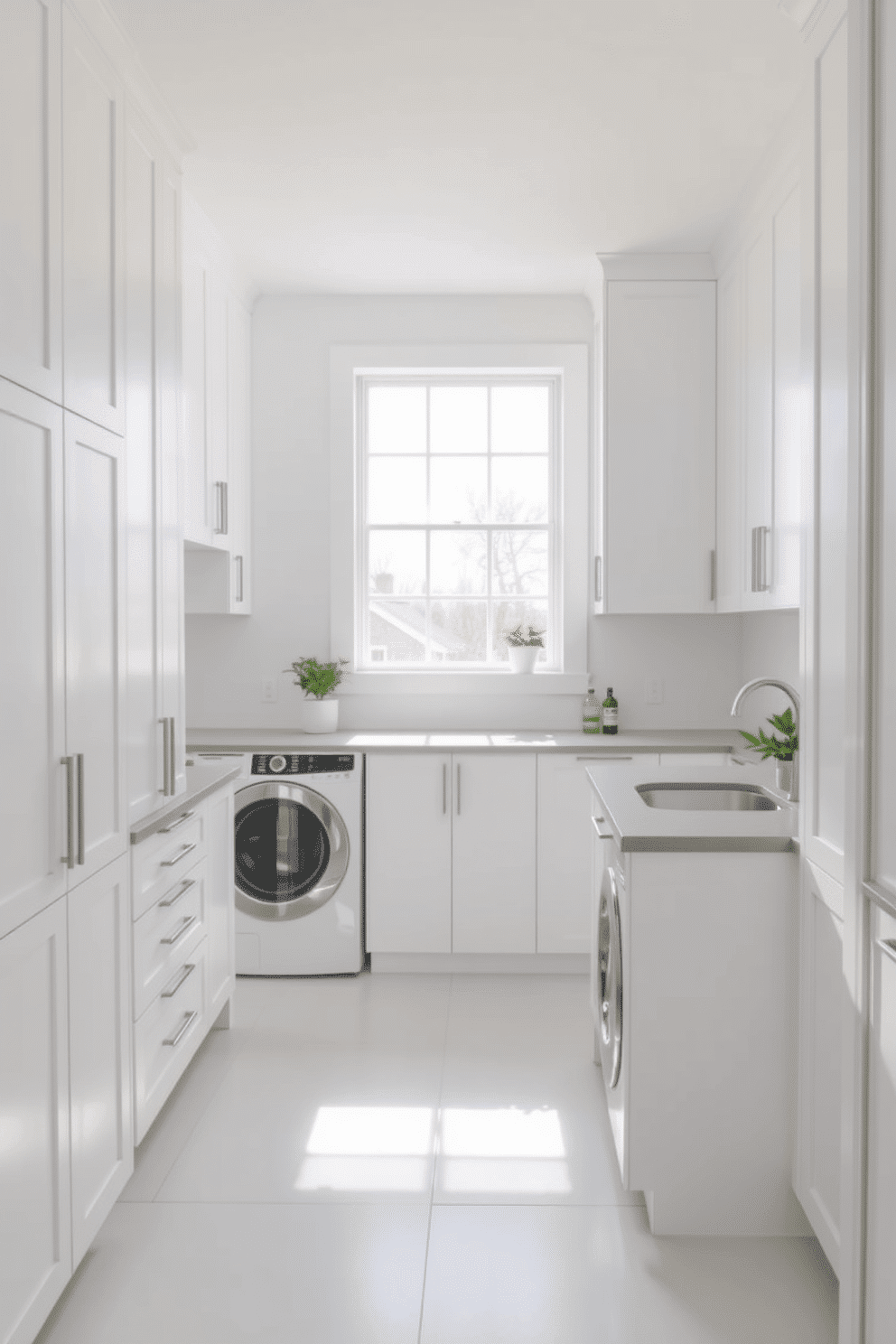 A minimalist laundry room design features sleek cabinetry with a smooth white finish and integrated handles for a seamless look. The space is illuminated by natural light streaming through a large window, highlighting the clean lines and uncluttered surfaces. A central island provides additional workspace and storage, topped with a durable countertop in a soft gray hue. The walls are painted in a crisp white, complemented by subtle accents of greenery from potted plants placed strategically around the room.