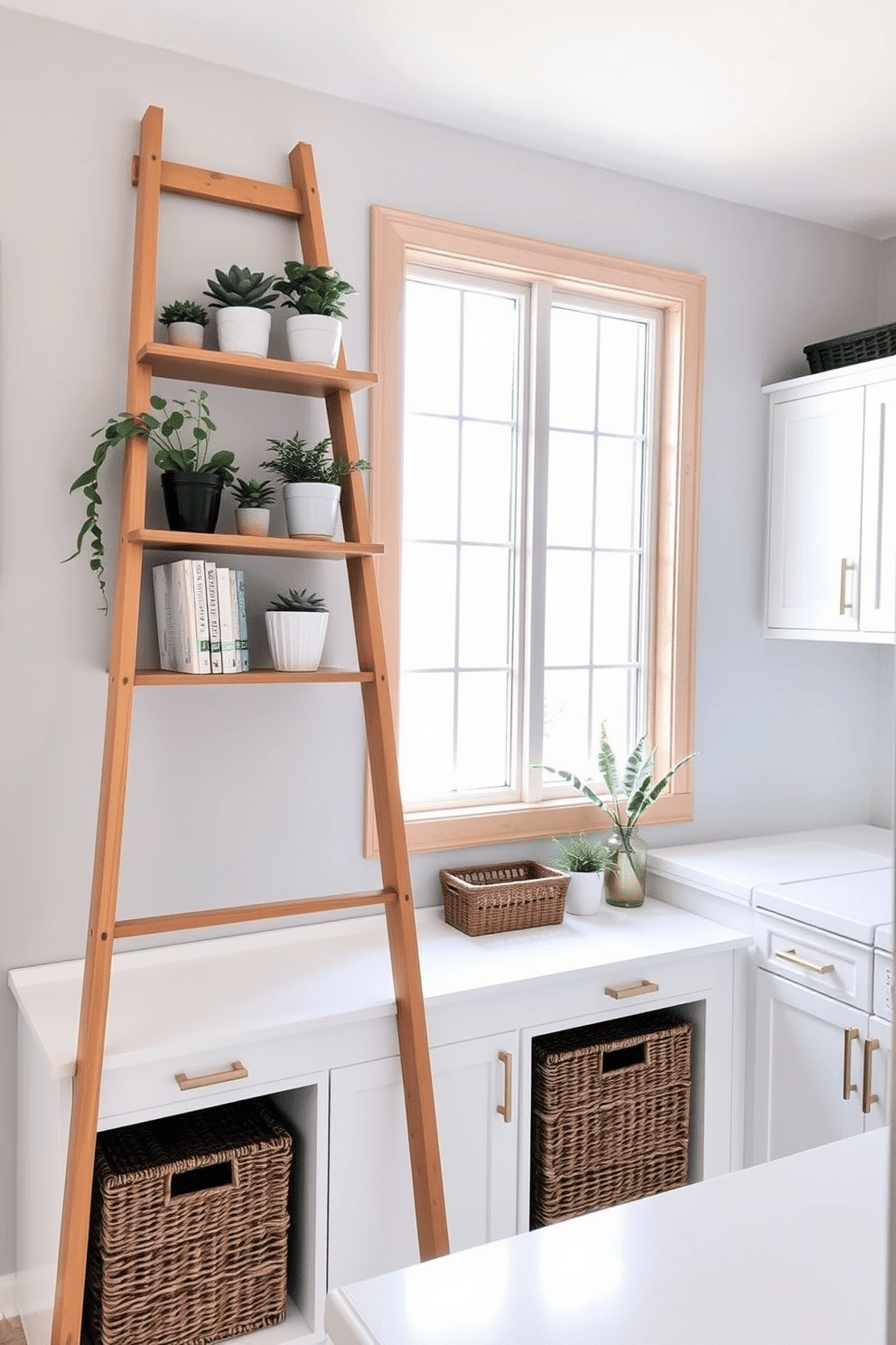 A stylish ladder shelf made of natural wood leans against a light gray wall, adorned with potted plants and decorative books. Below the shelf, woven baskets provide functional storage, adding texture and warmth to the space. In a bright and airy laundry room, white cabinetry with sleek handles complements the white countertops. A large window allows natural light to flood the room, creating an inviting atmosphere for laundry tasks.