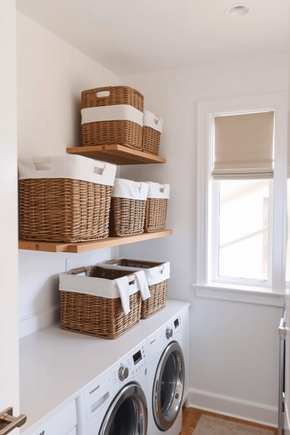 A bright and airy laundry room features stylish wicker and canvas laundry baskets neatly arranged on a wooden shelf. The walls are painted in a soft white, complemented by a sleek countertop and modern appliances that enhance the room's functionality.