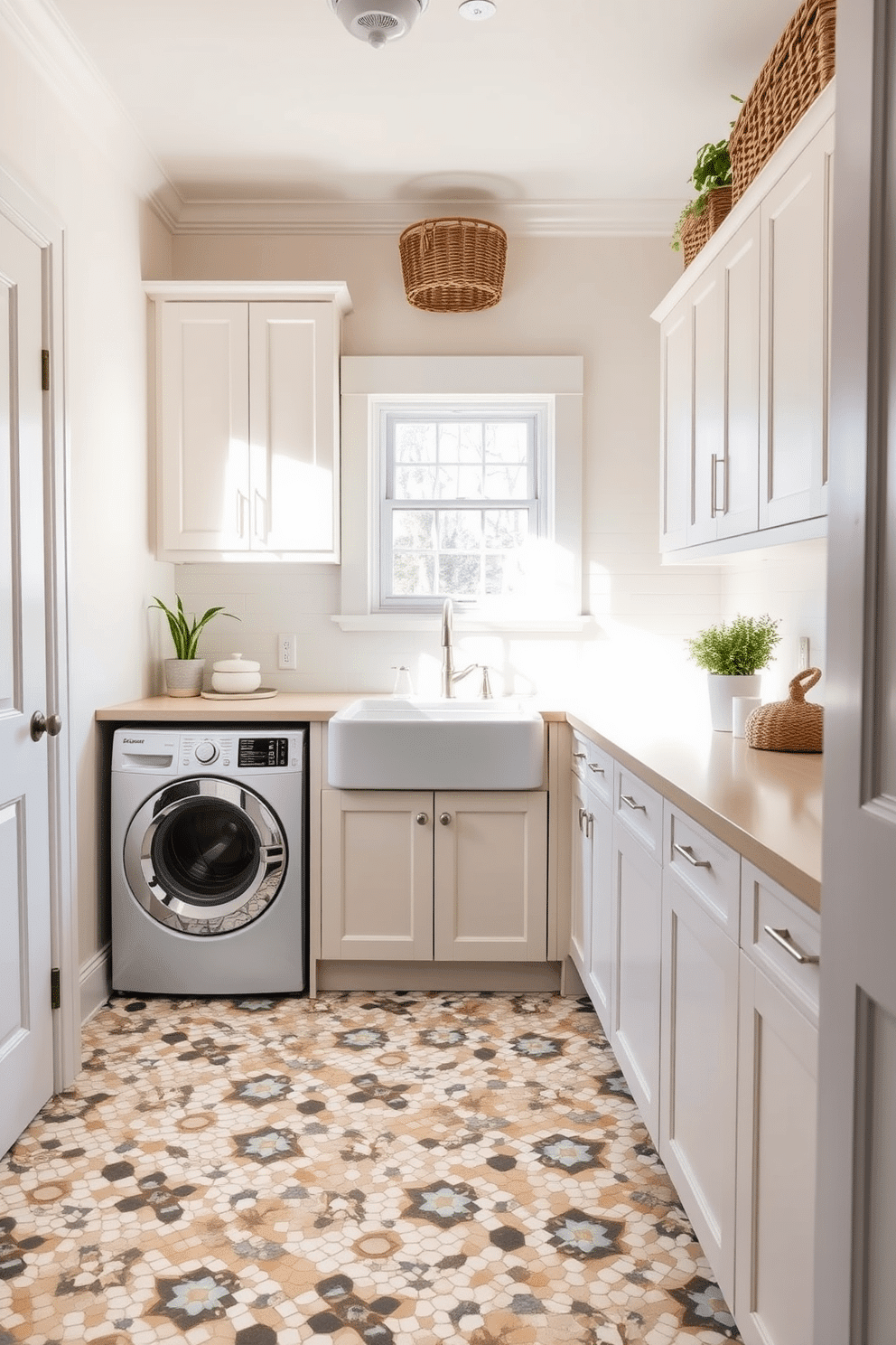 A bright and airy laundry room features mosaic tile flooring that adds unique texture and visual interest. The walls are painted a soft white, complemented by sleek cabinetry in a light wood finish, providing ample storage space for laundry essentials. A farmhouse-style sink is positioned in the center, surrounded by a spacious countertop for folding clothes. Decorative elements, such as potted plants and stylish baskets, enhance the room's functionality while maintaining a fresh and inviting atmosphere.