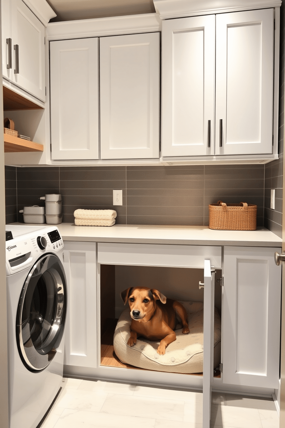 A stylish laundry room featuring a hidden pet area seamlessly integrated into the design. The space includes white cabinetry, a sleek countertop, and a designated nook for a pet bed, ensuring functionality and comfort for both pets and owners.