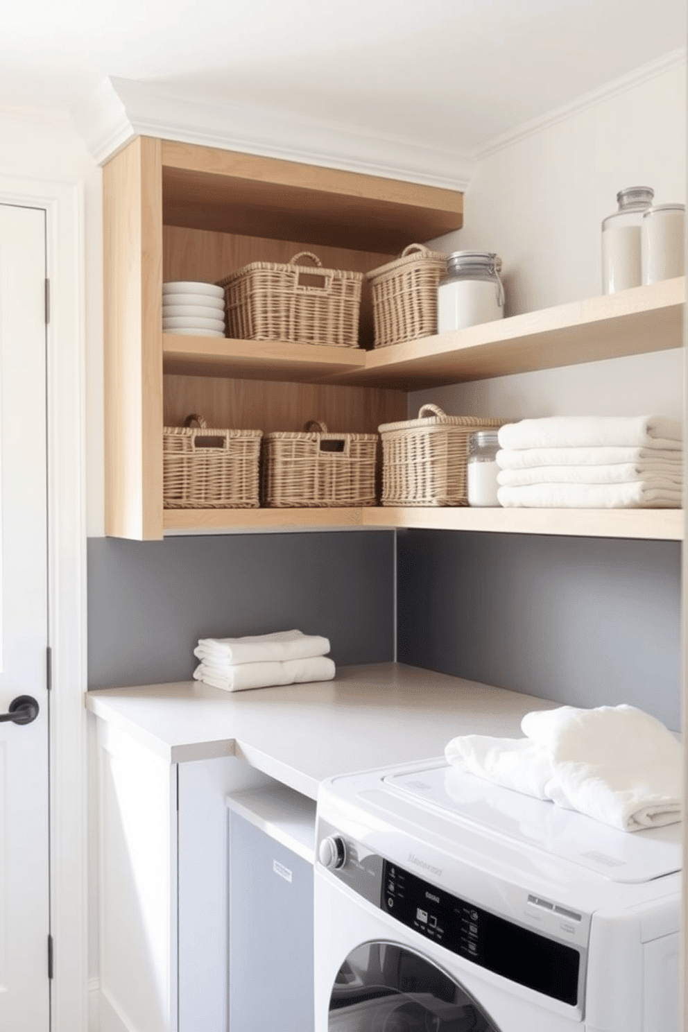 A bright and airy laundry room features open shelving made of light wood, providing easy access to neatly organized baskets and decorative jars. The walls are painted a soft white, complementing the sleek, modern appliances and a stylish countertop for folding clothes.