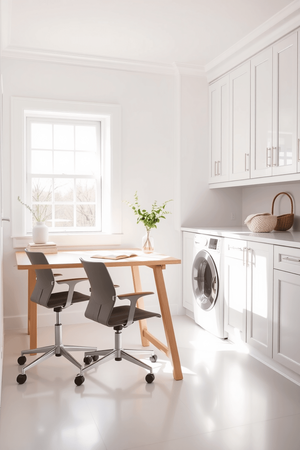 A dual-purpose folding table and workspace are seamlessly integrated into a bright, airy room. The table features a sleek, modern design with a light wood finish, complemented by ergonomic chairs that tuck neatly underneath when not in use. The white laundry room boasts ample storage with custom cabinetry and a stylish countertop for folding clothes. Soft, natural light filters through a large window, illuminating the space and highlighting the minimalist decor with subtle pops of color from decorative baskets and plants.