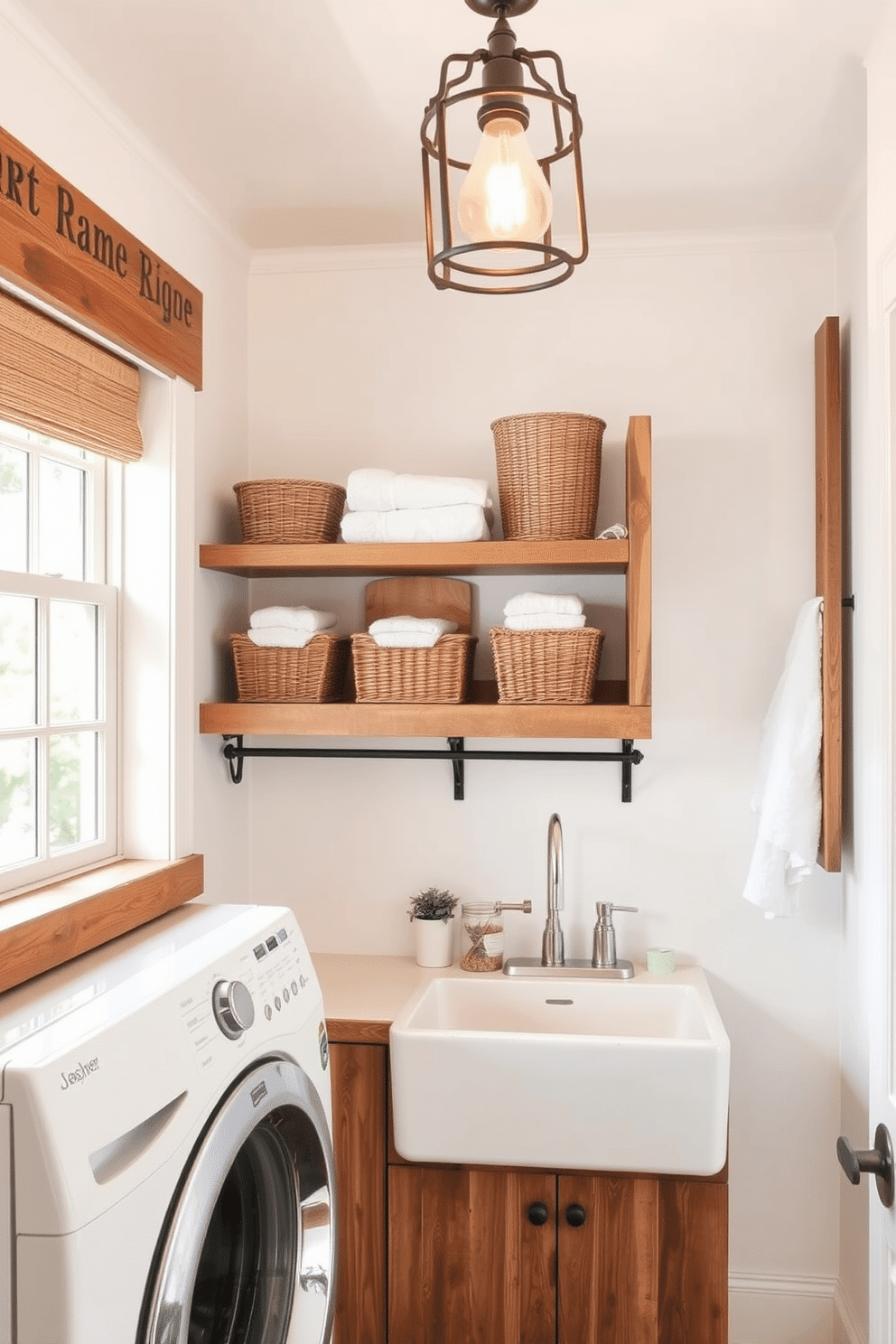 A bright and airy laundry room featuring rustic wood accents that create warmth and charm. The space includes open shelving made from reclaimed wood, displaying neatly folded towels and decorative baskets. The walls are painted in a soft white, complementing the natural wood tones, while a farmhouse-style sink adds a touch of practicality. A vintage-inspired light fixture hangs from the ceiling, casting a warm glow over the room.