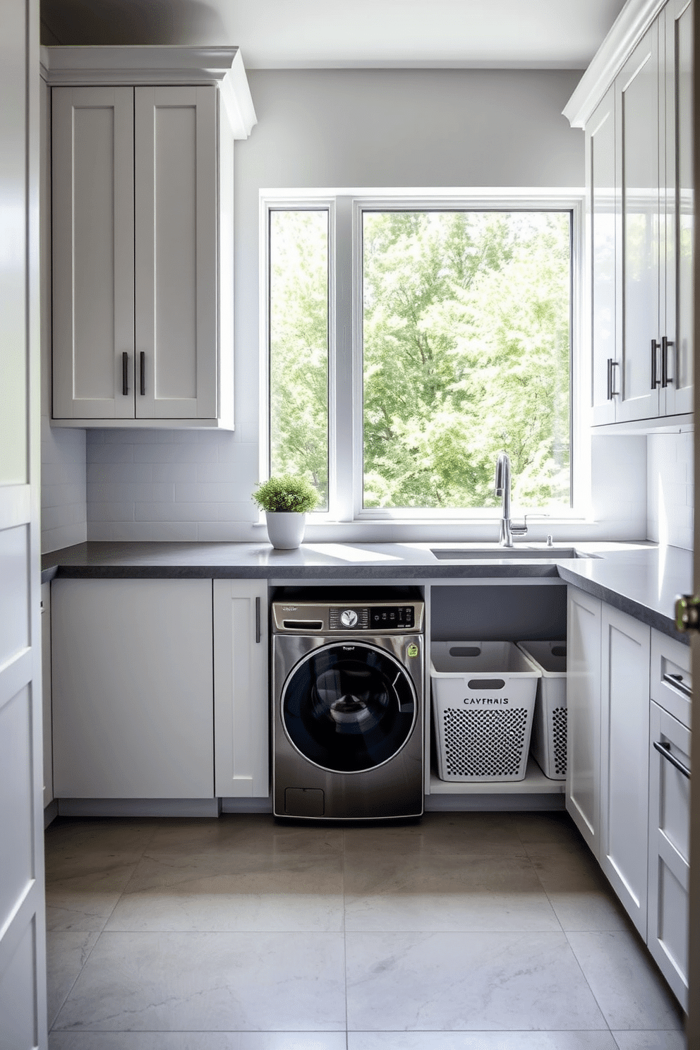 A modern laundry room featuring integrated hampers seamlessly built into cabinetry for a clean, organized appearance. The space is illuminated by natural light streaming through a large window, highlighting the sleek white cabinetry and stylish gray countertops.