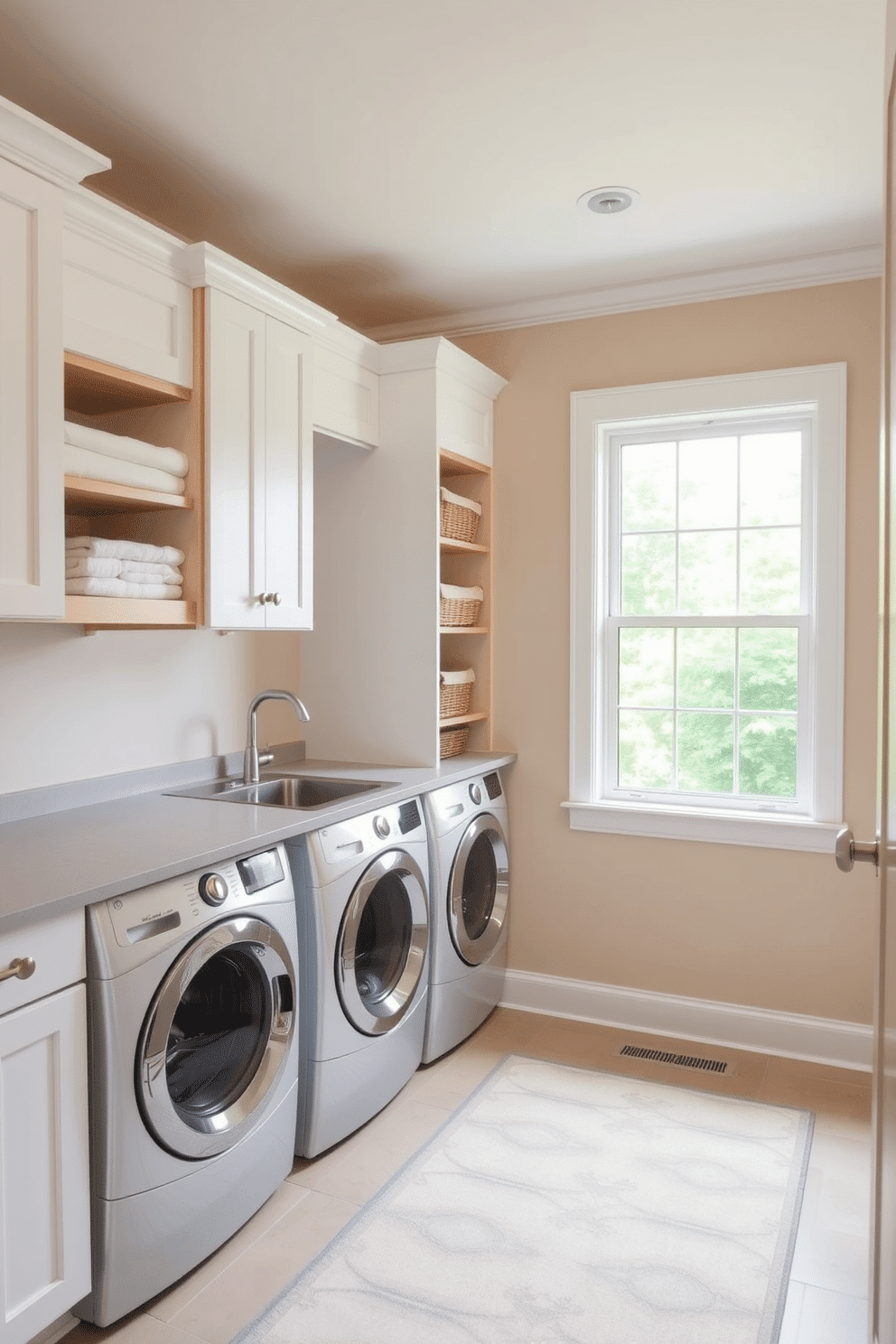 A serene laundry room featuring a neutral color palette that promotes a calming atmosphere. The walls are painted in a soft beige, complemented by white cabinetry and a light gray countertop, creating a cohesive and tranquil space. Incorporated into the design are open shelves made of natural wood, displaying neatly folded towels and decorative baskets. A large window allows natural light to flood the room, enhancing the airy feel and showcasing a stylish, patterned rug on the floor.