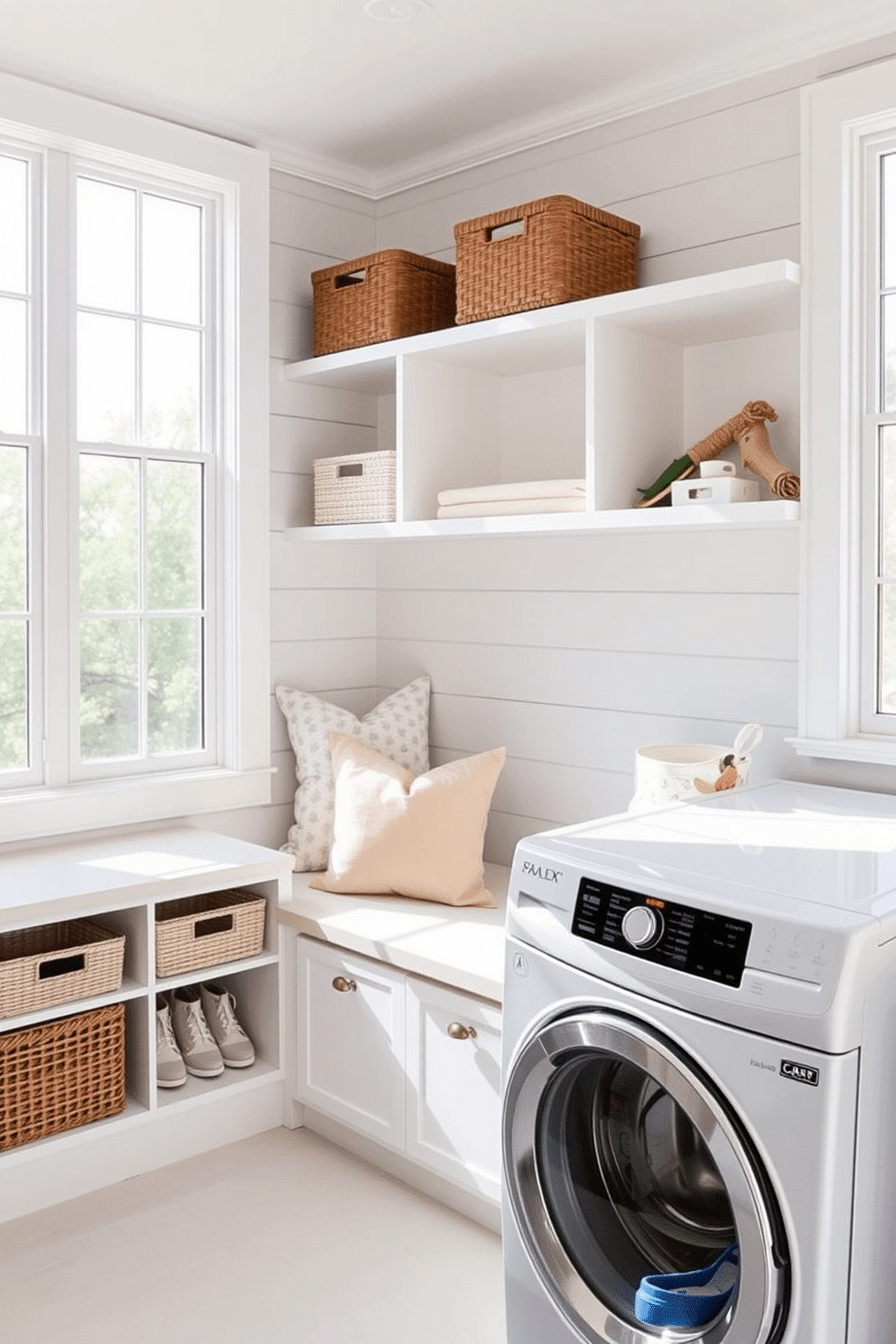 A bright and airy laundry room features a built-in bench with shoe storage underneath, painted in a crisp white finish. The walls are adorned with soft gray shiplap, and large windows allow natural light to flood the space, highlighting the sleek countertops and organized shelving. The bench is accessorized with plush cushions in pastel hues, creating a cozy spot for putting on shoes. Stylish baskets neatly store shoes and accessories, while a modern washer and dryer sit side by side, seamlessly integrated into the design.