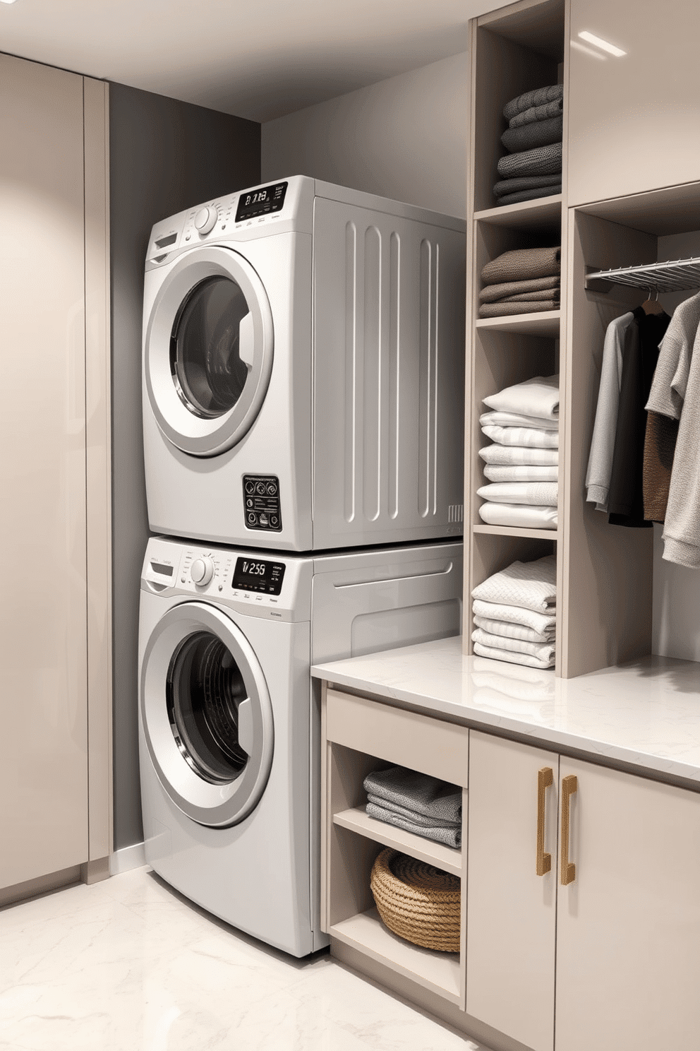 A modern laundry room featuring smart technology for efficient laundry management. The space includes a sleek, white washer and dryer stacked vertically, equipped with touchscreen controls and Wi-Fi connectivity for remote operation. The cabinetry is minimalist with a glossy finish, providing ample storage for detergents and supplies. A large countertop made of quartz offers space for folding clothes, while a smart sorting system categorizes laundry by color and fabric type.