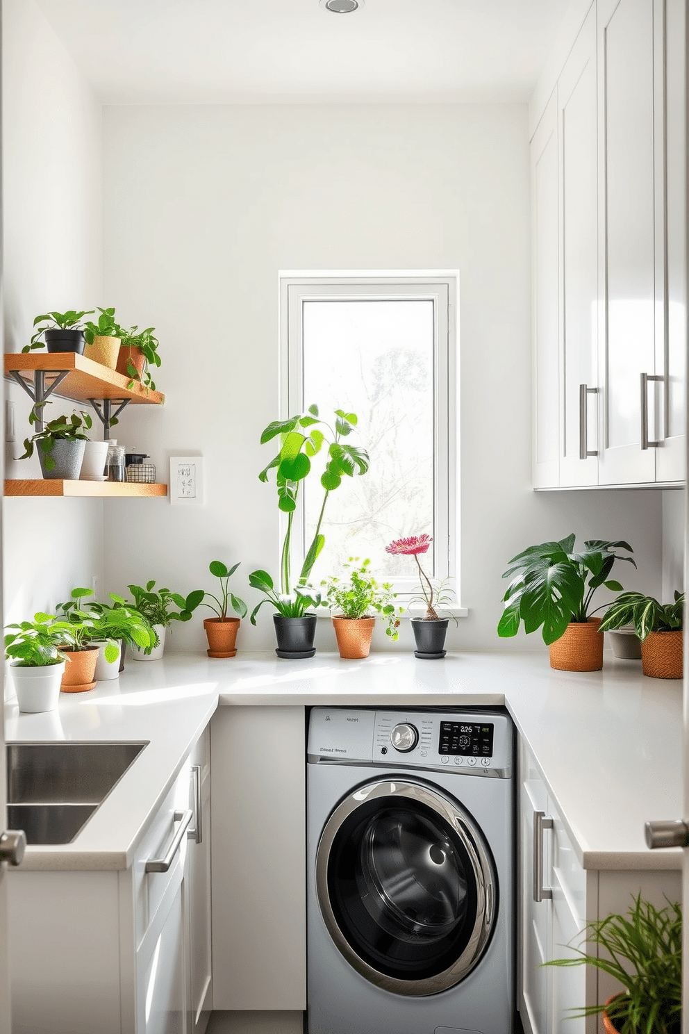 A bright and airy laundry room filled with fresh plants that bring a touch of nature indoors. The walls are painted in soft white, complemented by a sleek, modern countertop that provides ample workspace for sorting and folding laundry. In one corner, a variety of potted plants thrive on a wooden shelf, adding vibrant greenery to the space. The laundry appliances are seamlessly integrated into custom cabinetry, with stylish storage solutions that keep the area organized and clutter-free.