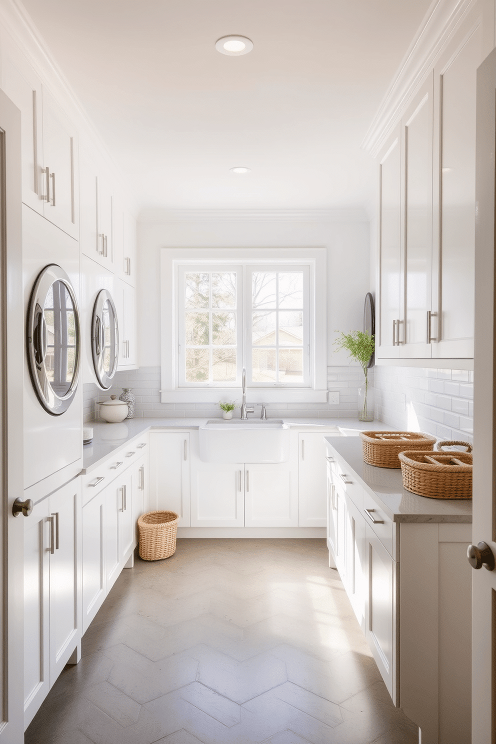 A bright and airy open concept laundry room features sleek white cabinetry and a large farmhouse sink. The walls are painted in a soft white, complemented by a stylish backsplash of light gray subway tiles. Natural light floods the space through a large window, illuminating the polished concrete floor. A spacious countertop made of quartz provides ample space for folding laundry, while decorative baskets neatly store supplies.