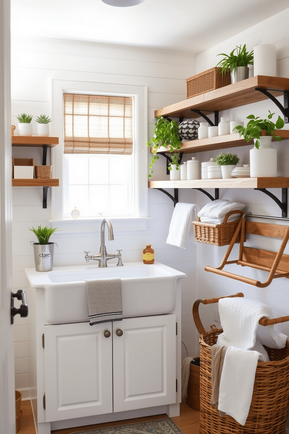 A bright and airy laundry room features a farmhouse sink with vintage faucet accents, seamlessly blending functionality with charm. The walls are painted a soft white, complemented by rustic wooden shelves adorned with neatly organized laundry essentials and decorative plants. The space is illuminated by natural light streaming through a large window, enhancing the cozy atmosphere. A woven basket sits beside the sink, filled with fresh linens, while a stylish drying rack made of reclaimed wood adds to the room's farmhouse aesthetic.