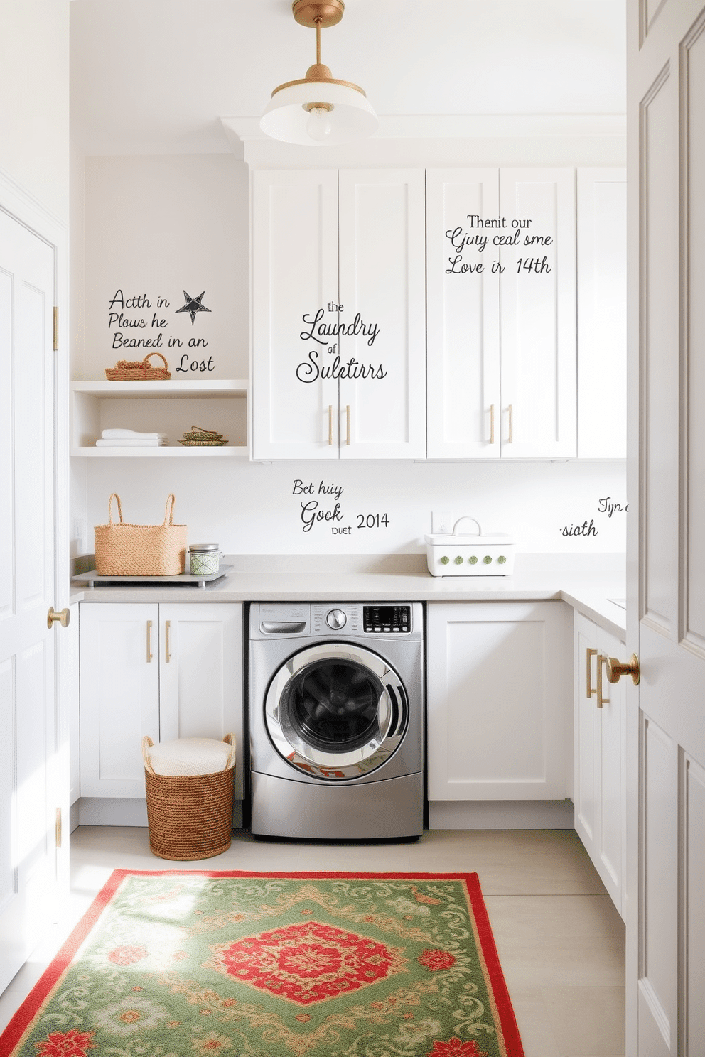 A bright and airy laundry room features personalized wall decals that add a touch of character and charm. The walls are painted in a soft white, and the decals showcase whimsical designs that reflect the homeowner's personality. The room is equipped with sleek white cabinetry and a spacious countertop for folding clothes. A stylish laundry basket sits in the corner, and a vibrant rug adds warmth to the space, making it both functional and inviting.