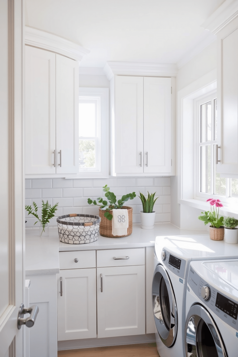 A bright and airy laundry room features a subway tile backsplash that adds a classic appeal to the space. The cabinetry is painted in a soft white, complementing the sleek countertops and providing ample storage for laundry essentials. Natural light floods in through a large window, illuminating the room and enhancing the clean lines of the design. A stylish laundry basket sits in one corner, while decorative plants add a touch of freshness to the overall aesthetic.