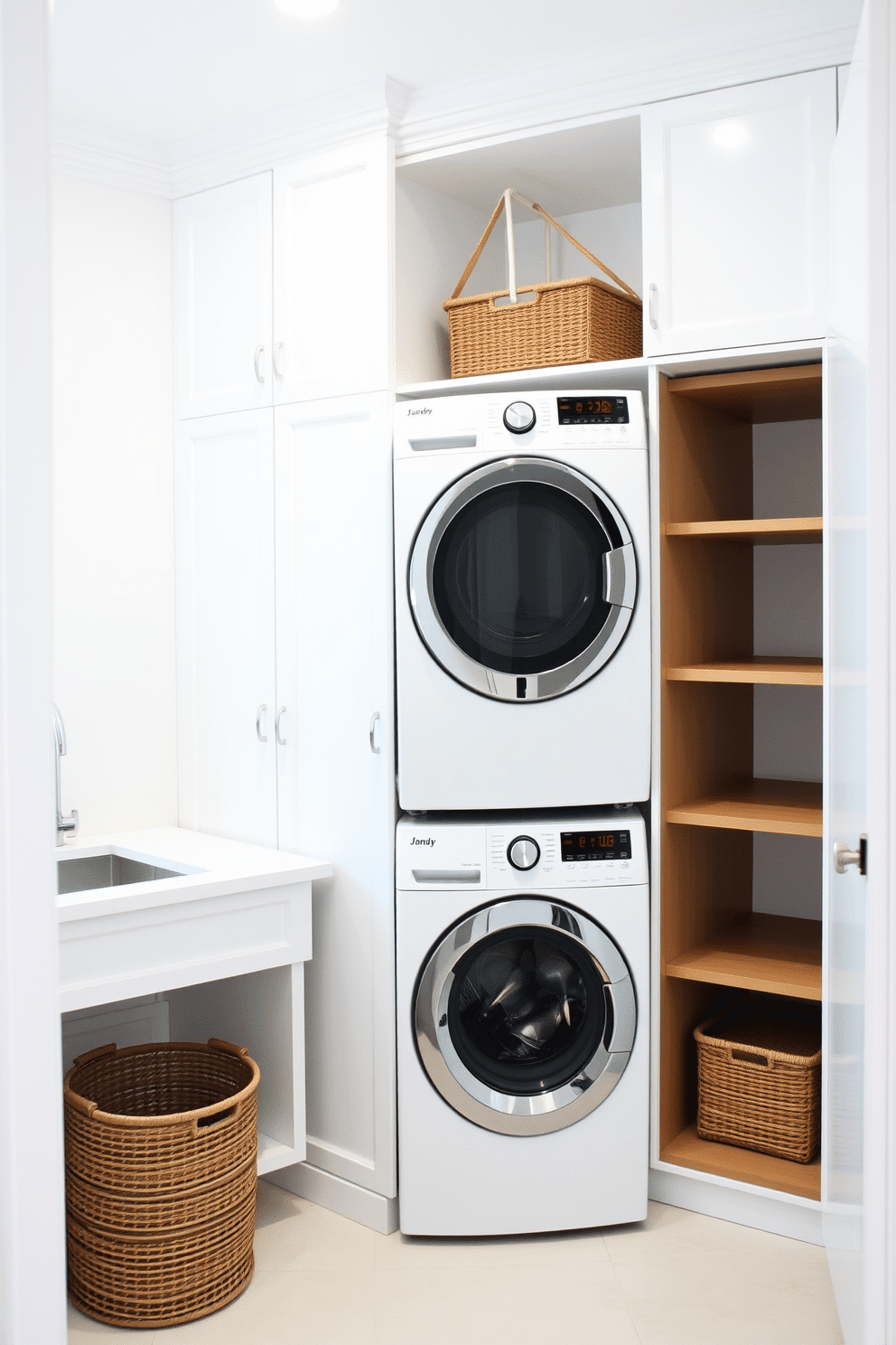 A modern laundry room featuring a sleek, stacked washer and dryer to maximize space efficiency. The walls are painted in a crisp white, complemented by minimalist cabinetry and open shelving for organization.