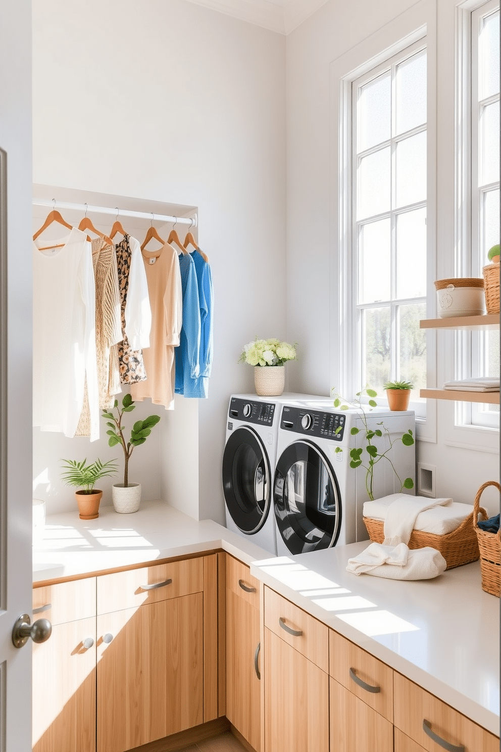 A bright and airy laundry room features hanging racks for drying delicate items, seamlessly integrated into the design. The walls are painted in a soft white, complemented by light wood cabinetry and a spacious countertop for folding clothes. Natural light floods the room through a large window, creating a cheerful atmosphere. Decorative touches include potted plants and stylish storage baskets, enhancing both functionality and aesthetic appeal.