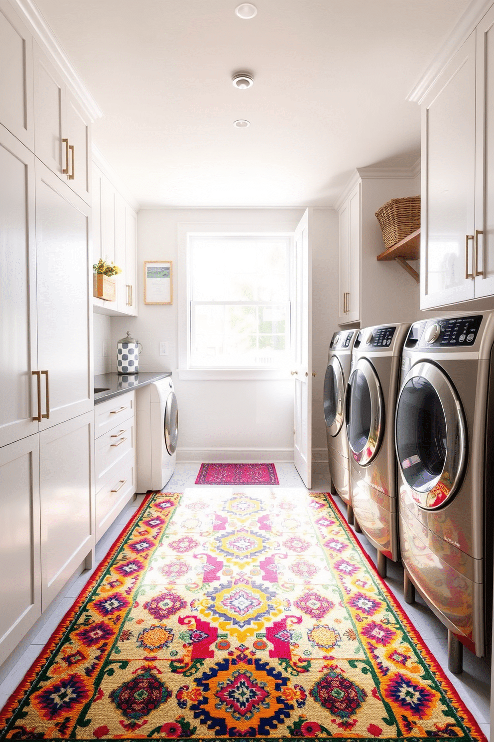 A bright and airy laundry room features a colorful accent rug that adds a pop of visual interest to the space. The walls are painted in a soft white, complemented by sleek cabinetry and modern appliances that enhance the room's functionality. The accent rug showcases an intricate pattern with vibrant hues, drawing the eye and creating a lively atmosphere. Natural light floods the room through a large window, illuminating the cheerful decor and inviting a sense of warmth and creativity.