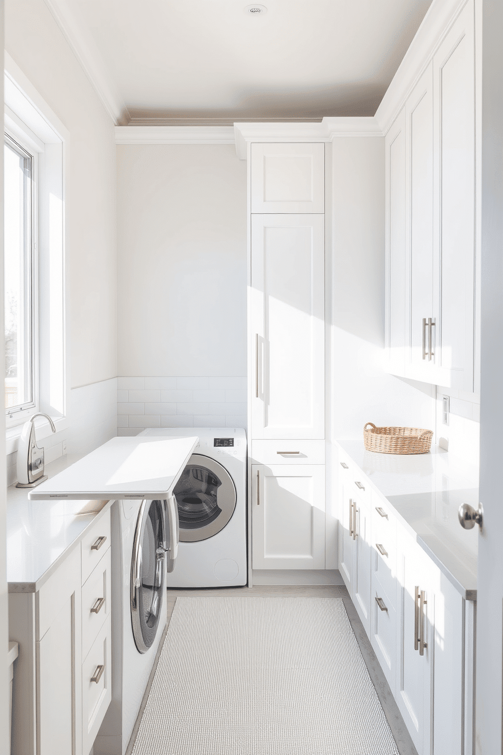 A bright and airy laundry room features a built-in ironing board seamlessly integrated into a sleek white cabinetry system. The space is illuminated by natural light streaming through a large window, highlighting the clean lines and minimalist aesthetic. The walls are painted in a soft white hue, complemented by a stylish backsplash of light gray subway tiles. A spacious countertop provides ample space for folding clothes, while decorative baskets neatly store laundry essentials.