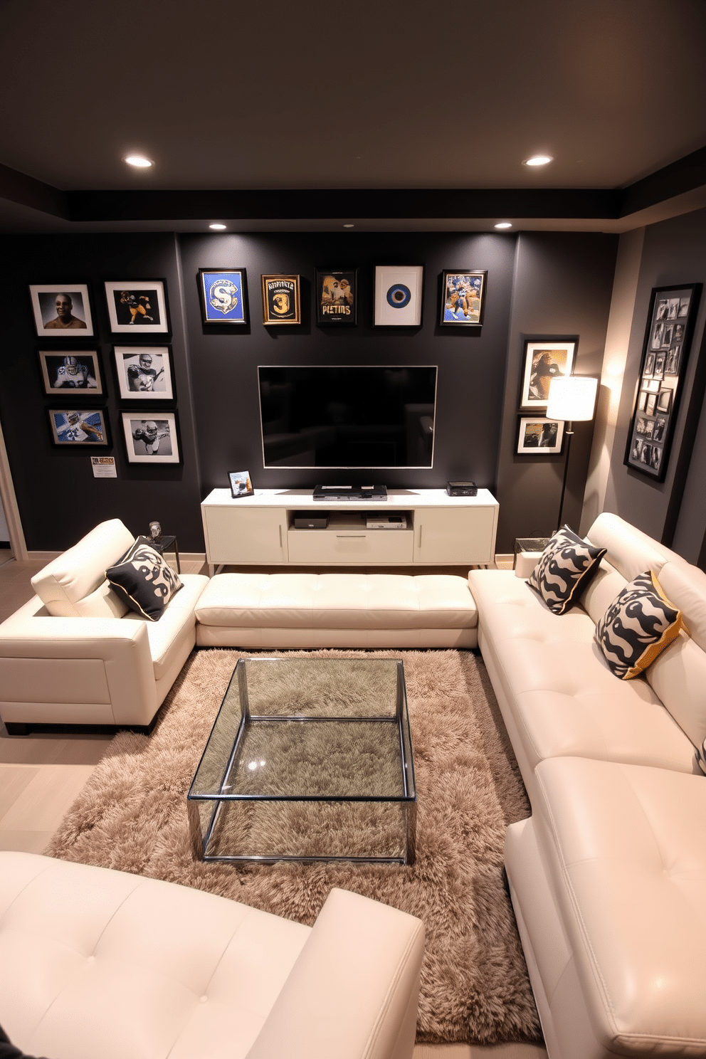 A sleek white leather sectional sofa is positioned in a spacious man cave, creating a modern and inviting atmosphere. The room features a dark accent wall adorned with framed sports memorabilia, and a large flat-screen TV is mounted above a stylish media console. In front of the sectional, a contemporary glass coffee table sits atop a plush area rug, adding comfort and elegance. Ambient lighting from recessed fixtures and strategically placed floor lamps enhances the cozy vibe, making it the perfect space for relaxation and entertainment.